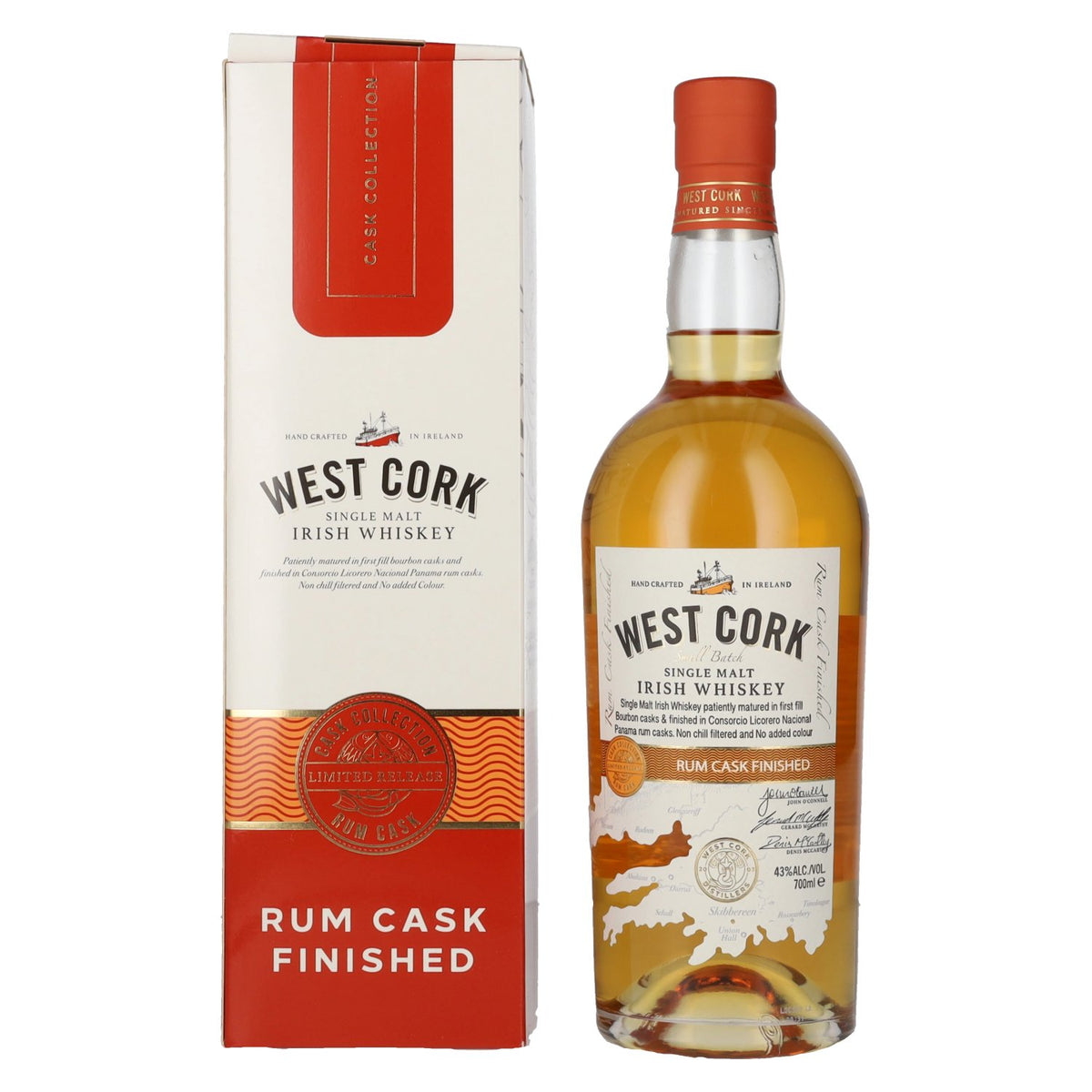 West Cork Irish Whiskey, affiné en fût de rhum, 43 % vol., 0,7 l, dans un coffret cadeau