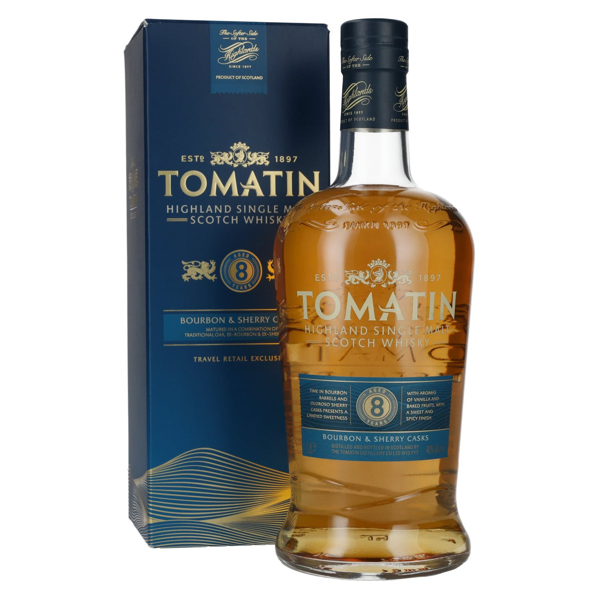 Tomatin 8 Years Old BOURBON &amp; SHERRY CASKS Travel Retail Exclusive 40% vol. 1 litre in a gift box