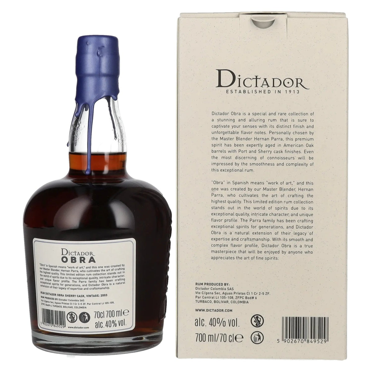 Dictador OBRA VINTAGE 20 Years Old SHERRY CASK Rum 2003 40% vol. 0,7 l in geschenkverpakking