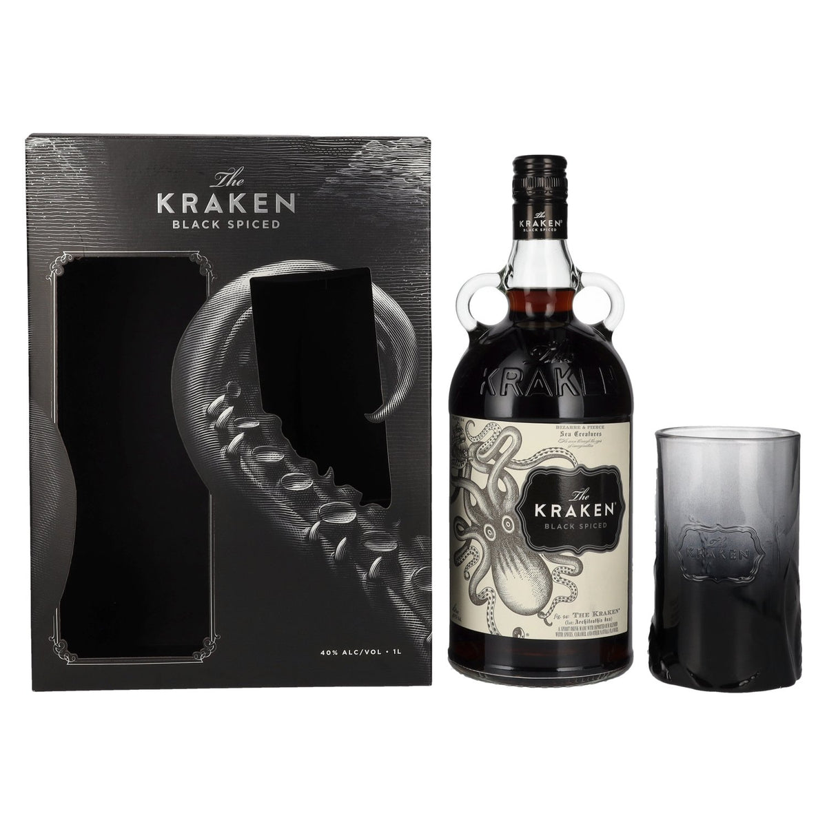 The Kraken Black Spiced 40% ABV, 1 litre, in a gift box with a glass