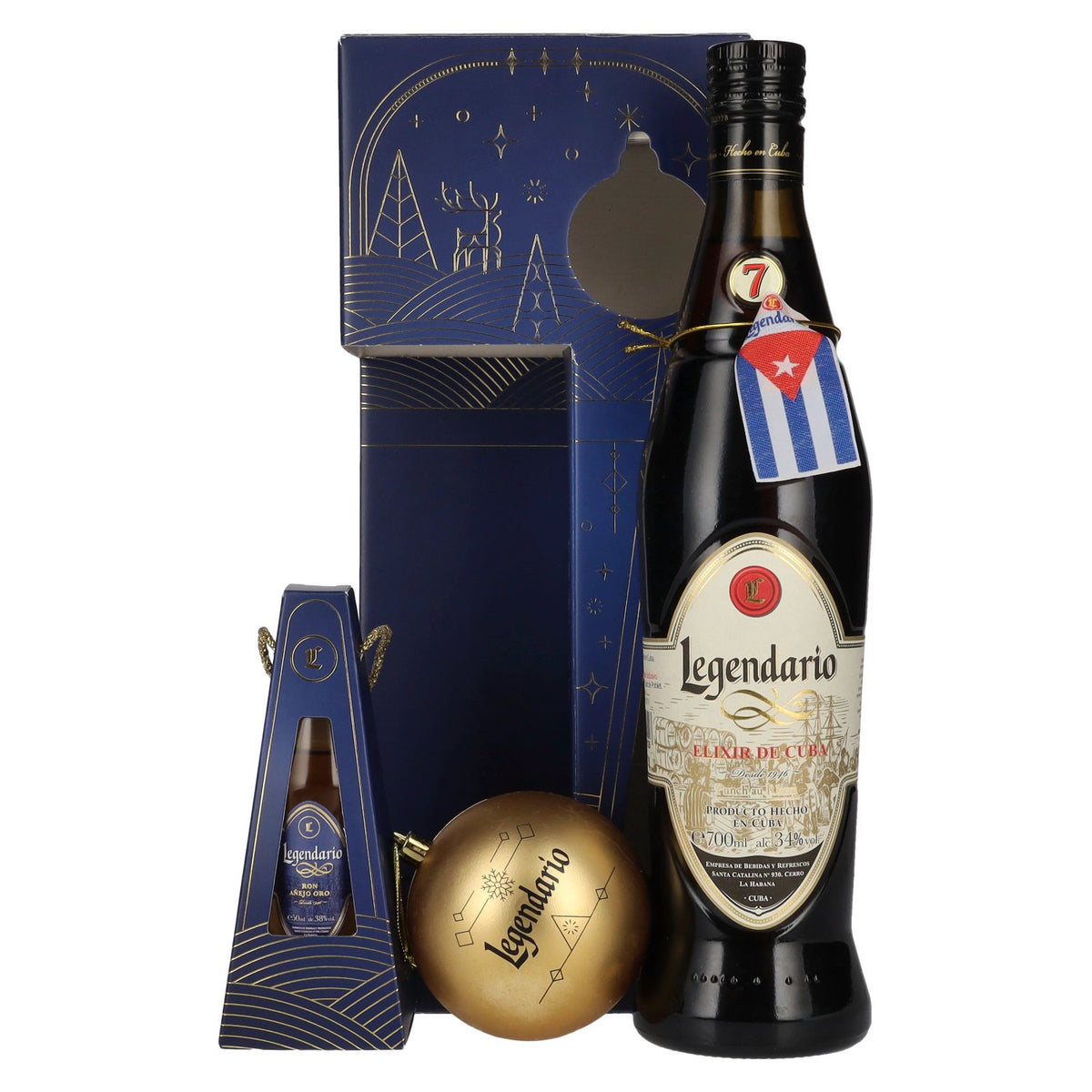 Legendario Elixir de Cuba Felices Fiestas 34,3% vol. 0,7 l in geschenkverpakking met mini-flesje van 0,05 l en kerstbal