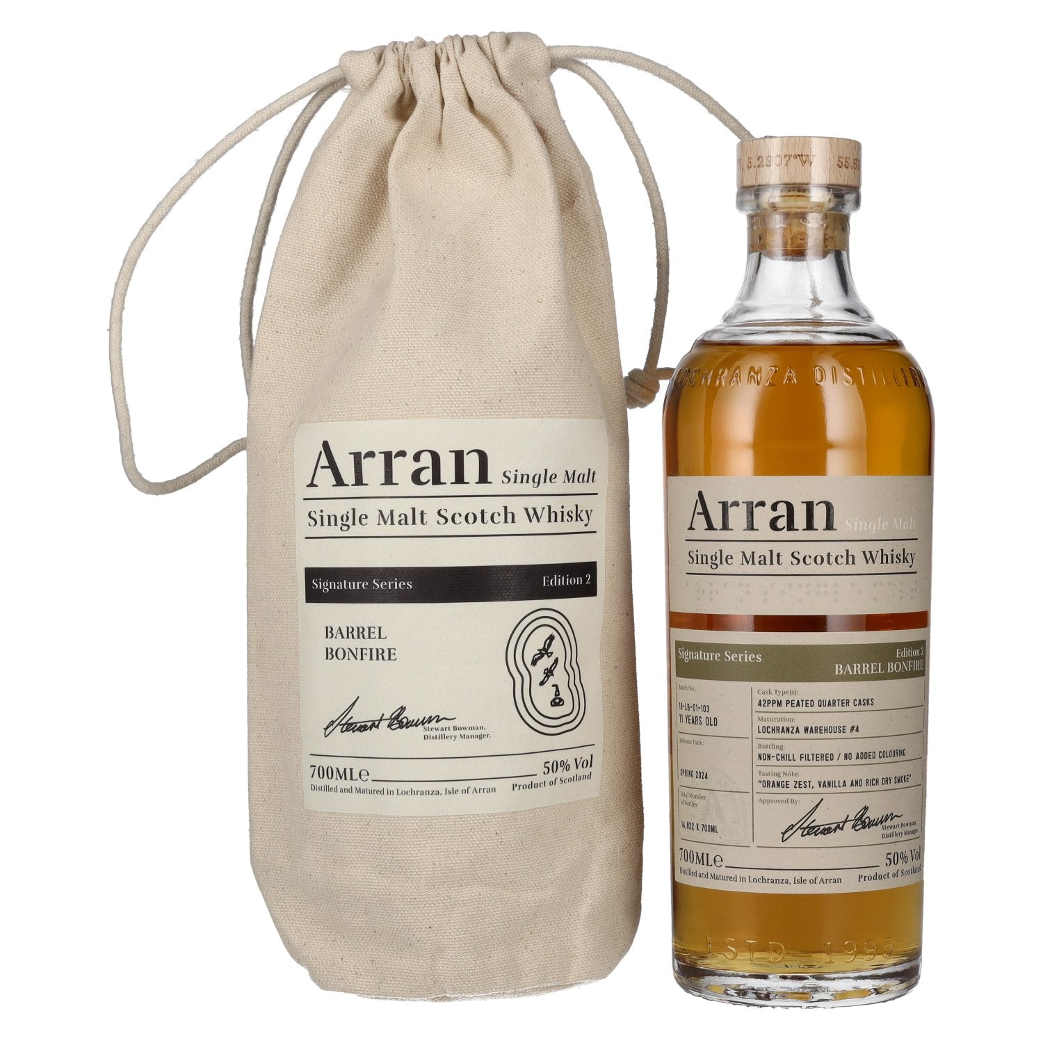 The Arran Malt Signature Series 2 BARREL BONFIRE Single Malt Scotch Whisky 50% Vol. 0,7l in a linen bag