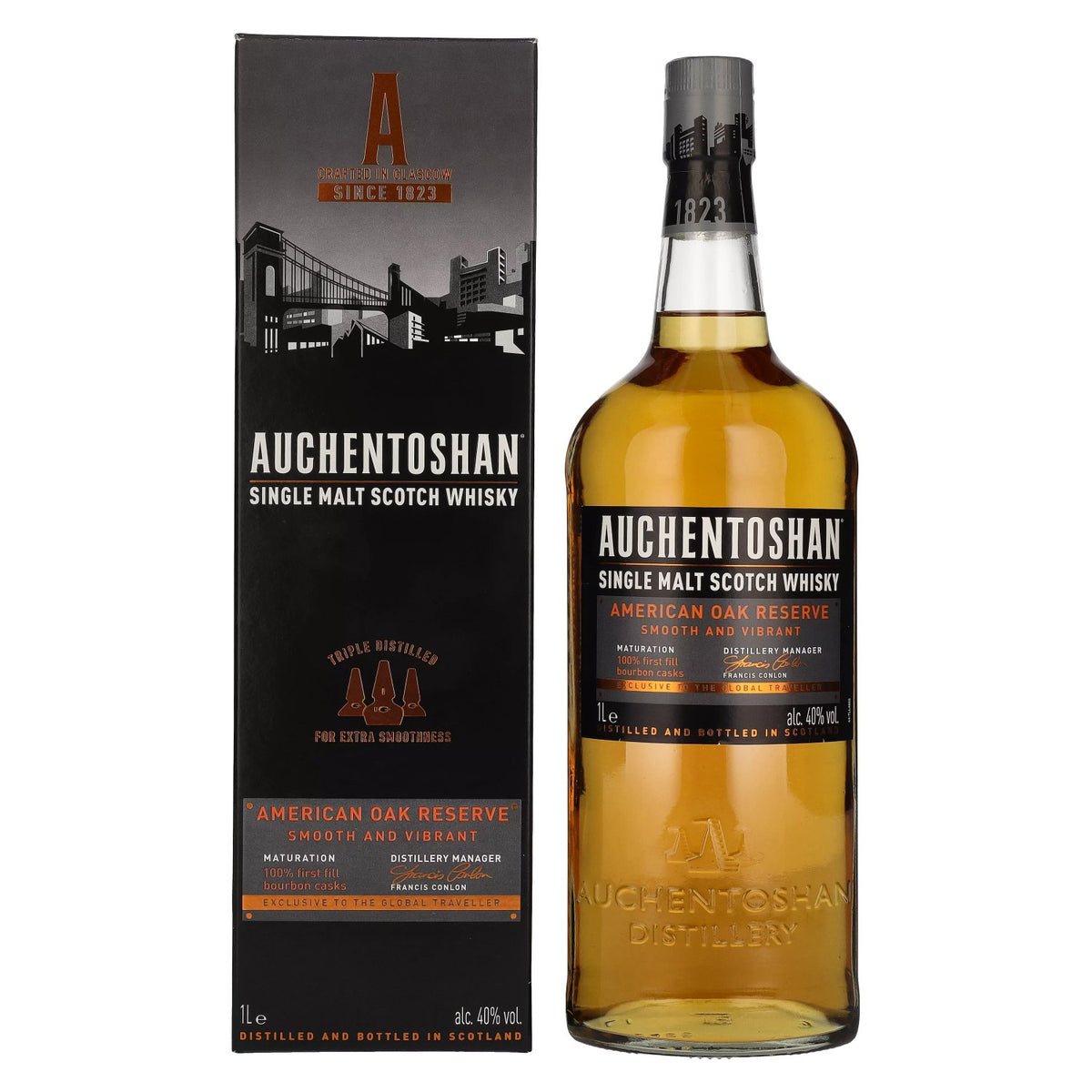 Auchentoshan AMERICAN OAK Single Malt Scotch Whisky 40% ABV 1l in a gift box