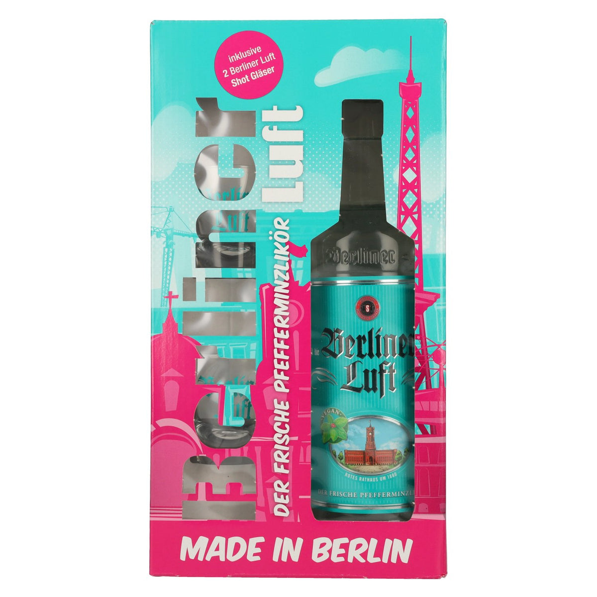 Berliner Luft DE FRISSE pepermuntlikeur 18% vol. 0,7 l in geschenkverpakking met 2 glazen