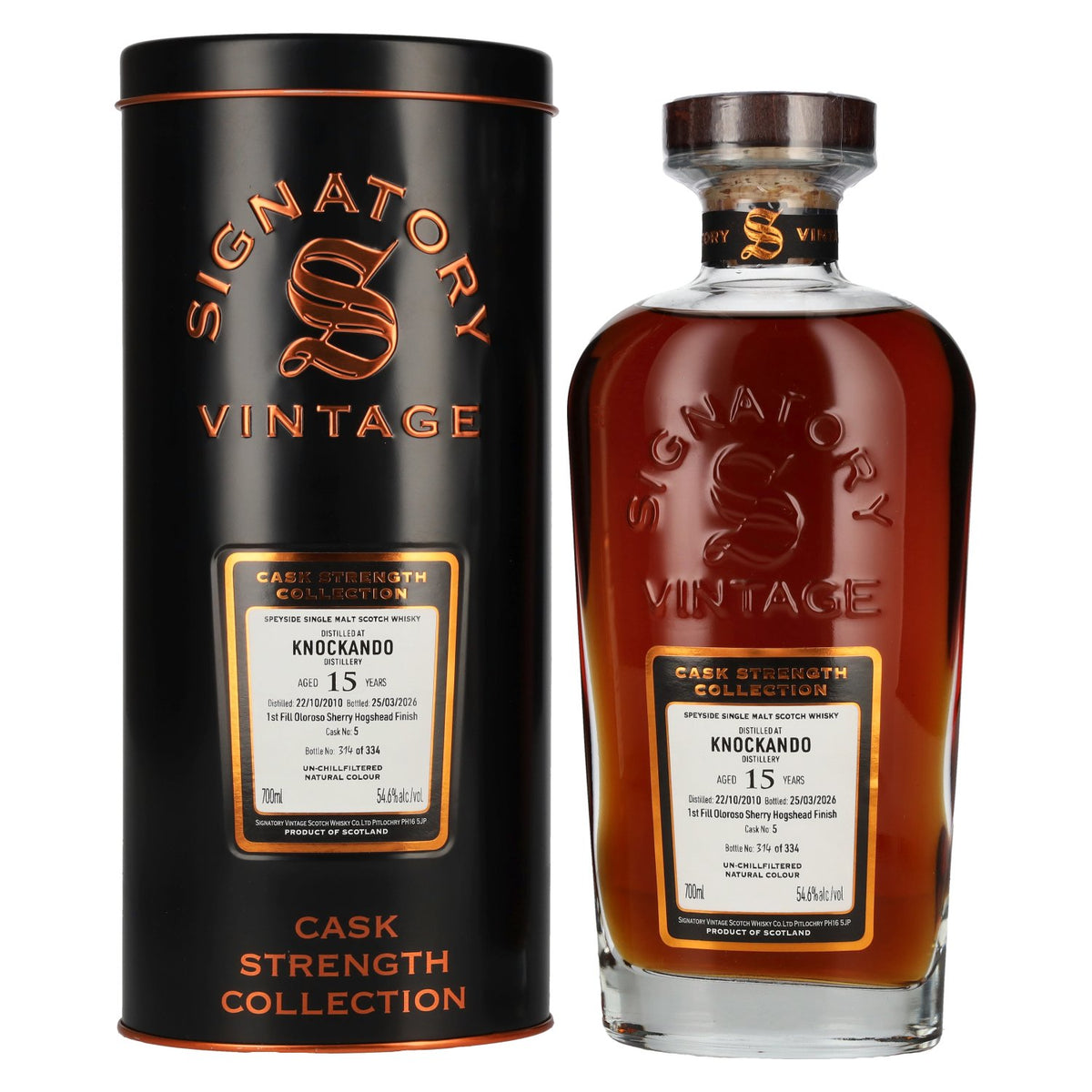 Signatory Vintage KNOCKANDO 15 Years Old, First-Fill Oloroso Sherry, Cask Strength #5, 2010, 54.6% vol., 0.7l in a tin box