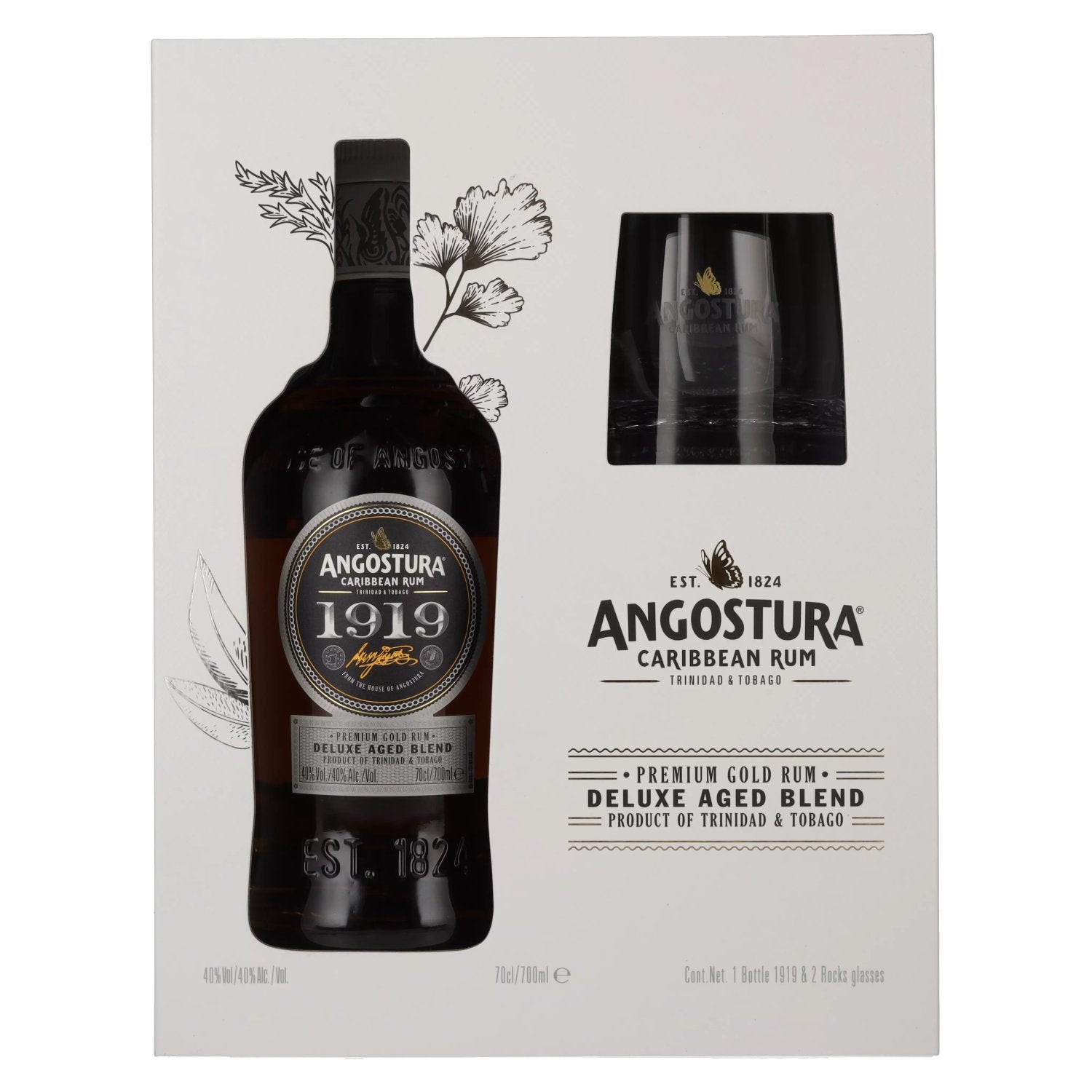 Angostura 1919 Premium Gold Rum Deluxe Aged Blend 40% Vol. 0,7l in Geschenkbox mit 2 Gläsern