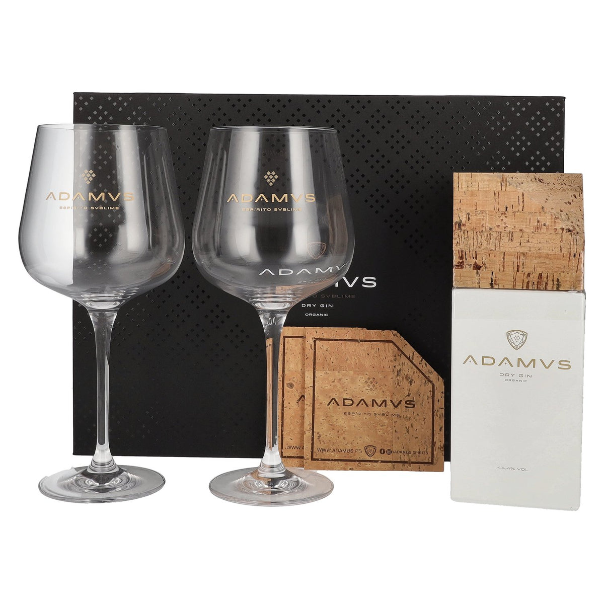 Adamus Dry Gin Organic Limited Edition 2020 44.4% ABV 0.7l in a gift box with 2 glasses &amp; a cork coaster