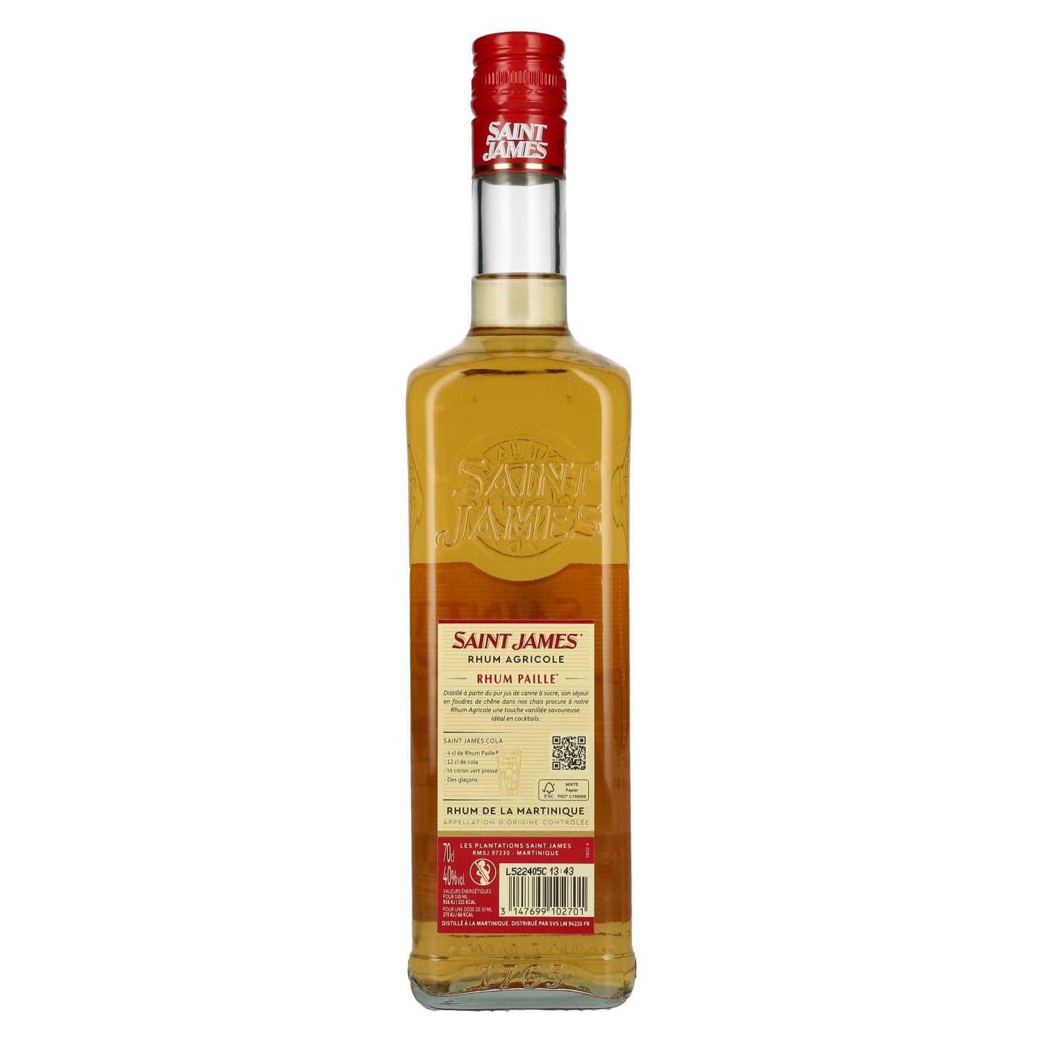 Saint James Puur Canne PAILLE Rhum Agricole 40% Vol. 0,7l