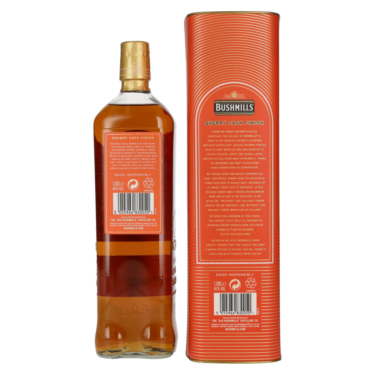 Whisky irlandais single malt Bushmills 10 ans d'âge, finition en fût de sherry, 46 % vol., 1 l, dans un coffret cadeau