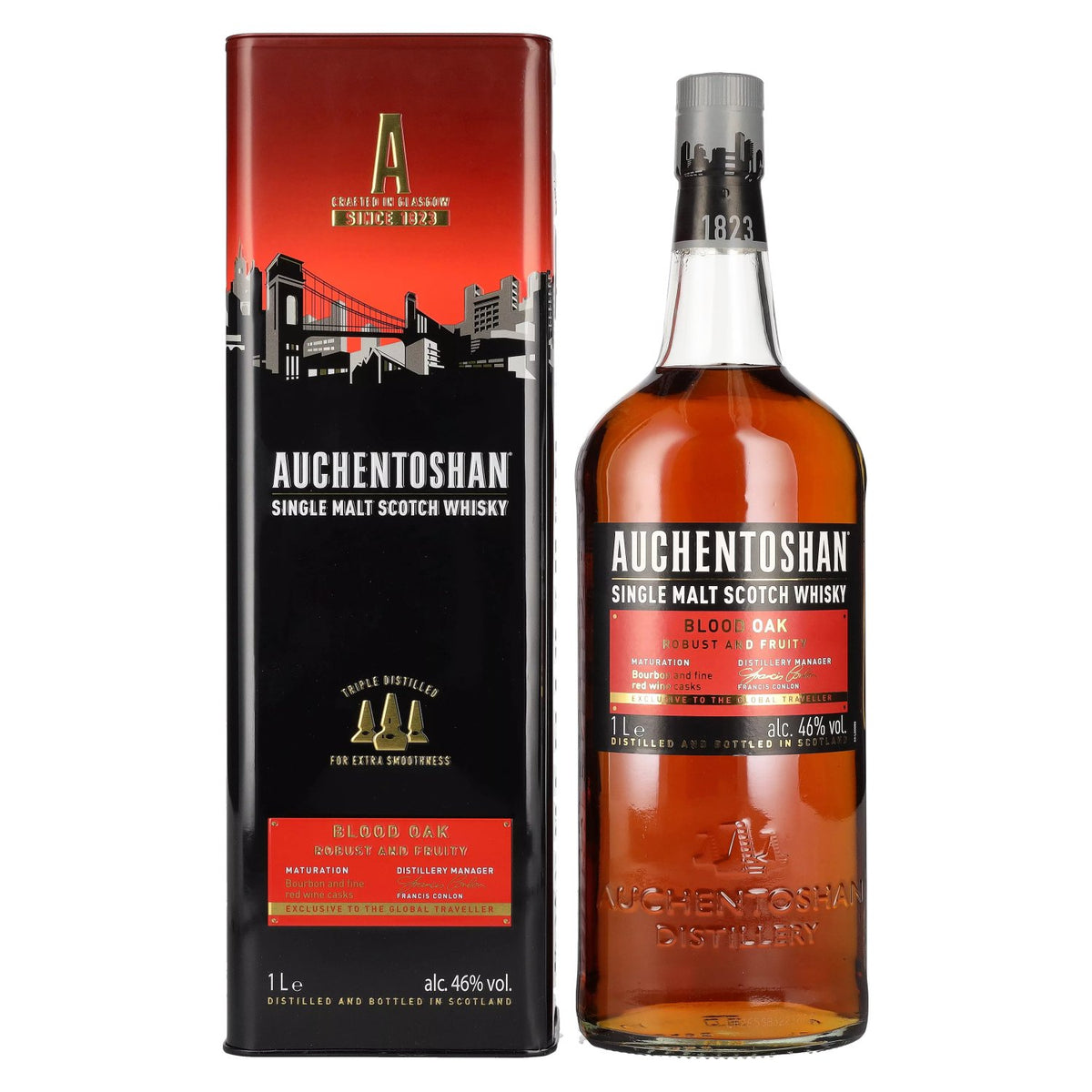 Auchentoshan BLOOD OAK Single Malt Scotch Whisky 46% vol. 1 litre in a tin box