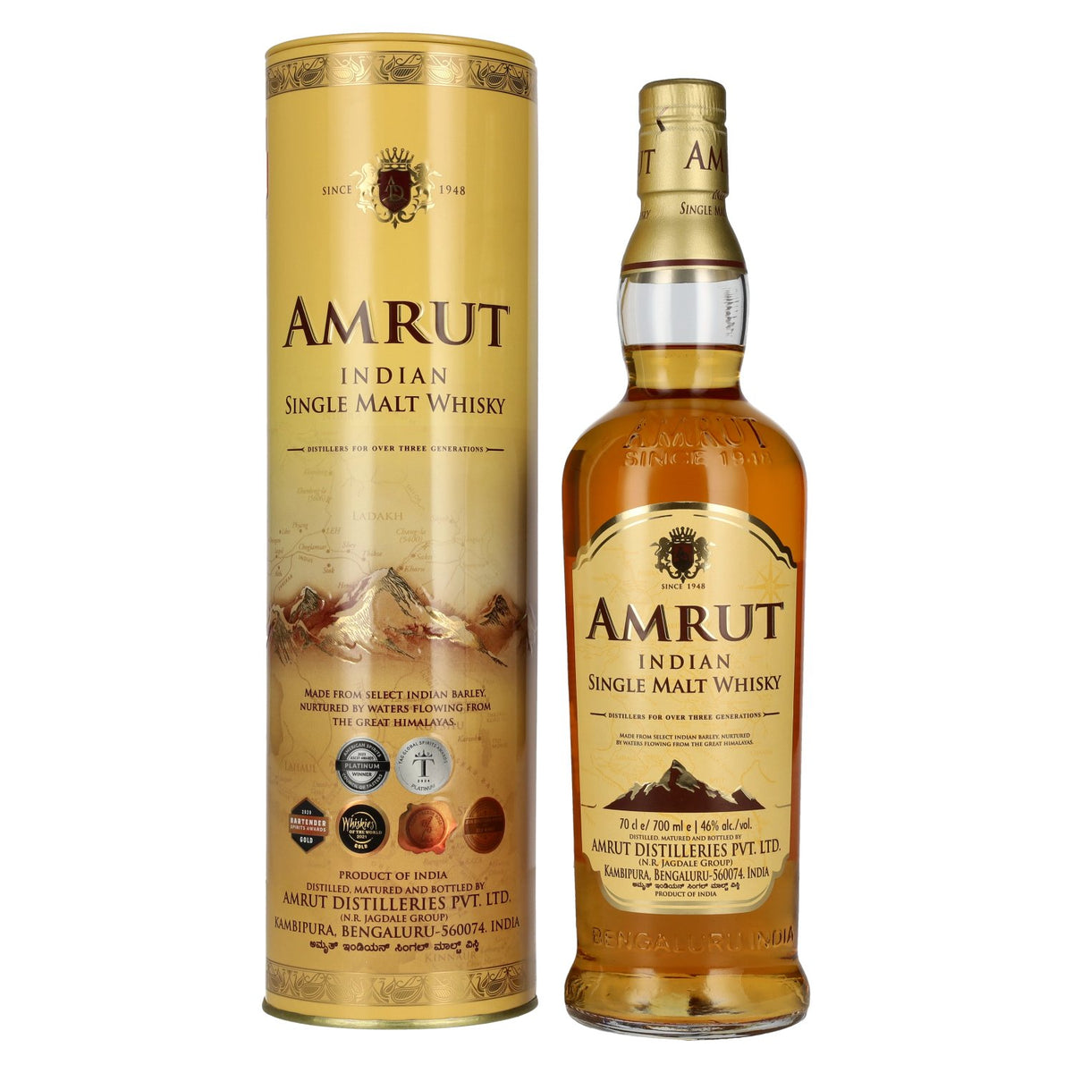 Amrut Indian Single Malt Whisky 46% vol. 0,7 l in blikken doos