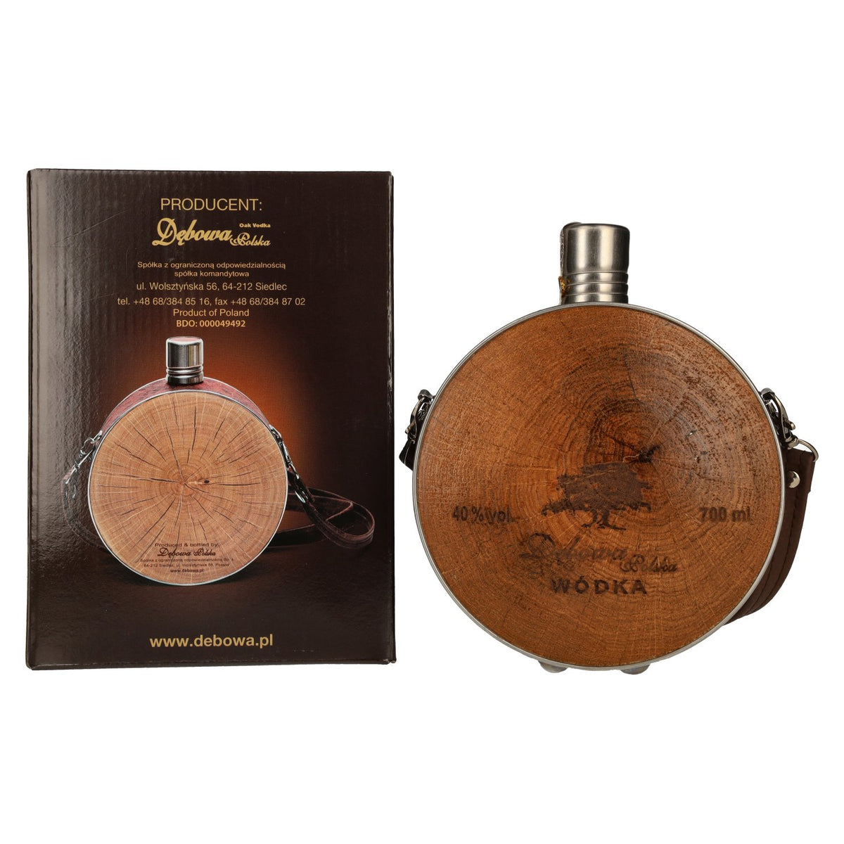 Debowa Vodka hunter’s bottle with leather strap, 40% vol., 0.7 l