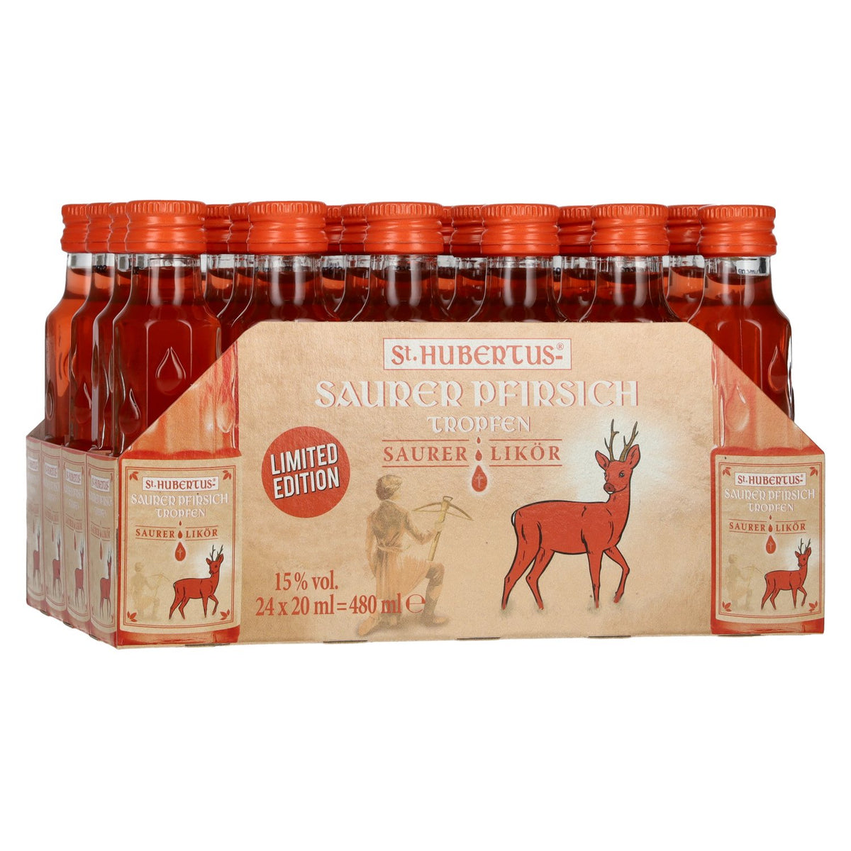 St. Hubertus SAURER PFIRSICH Tropfen Saurer-Likör Limited Edition 15% Vol. 24x0,02l