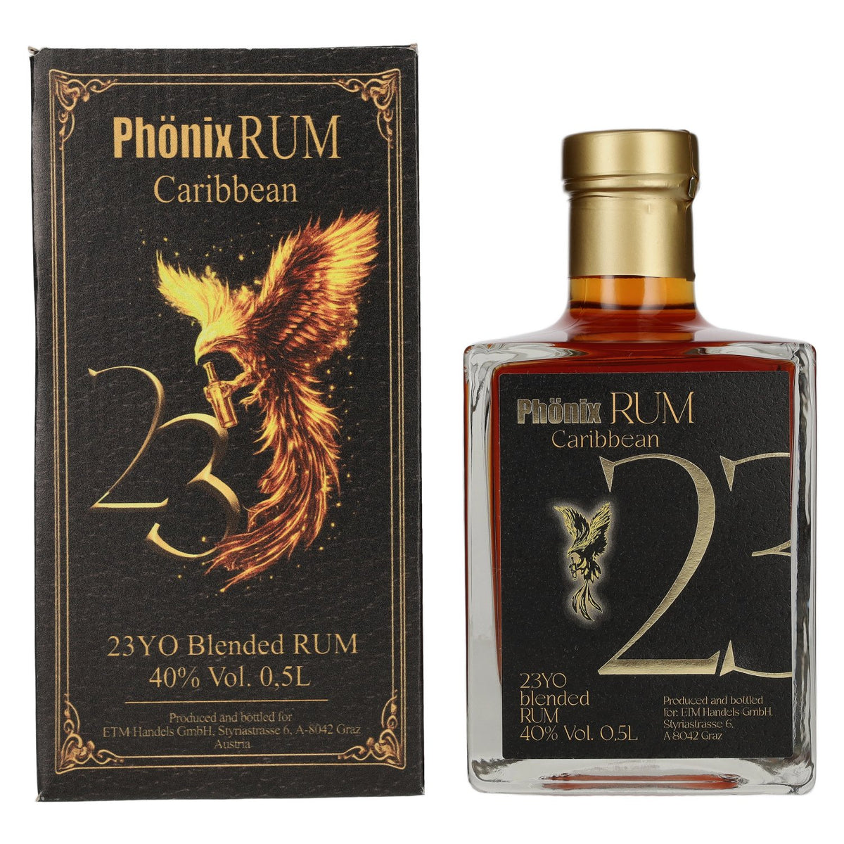 Phönix 23 Years Old Blended Caribbean Rum Black Design 40% vol. 0.5 l in a gift box