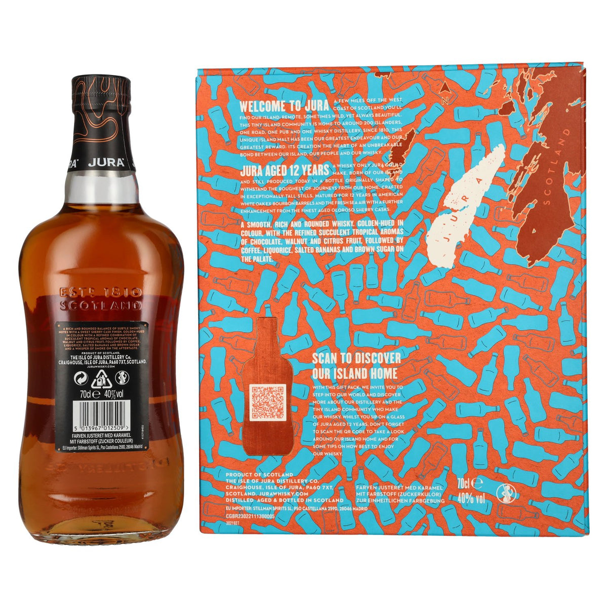 Whisky écossais single malt Jura 12 ans d'âge, 40 % vol., 0,7 l, dans un coffret cadeau avec 2 verres