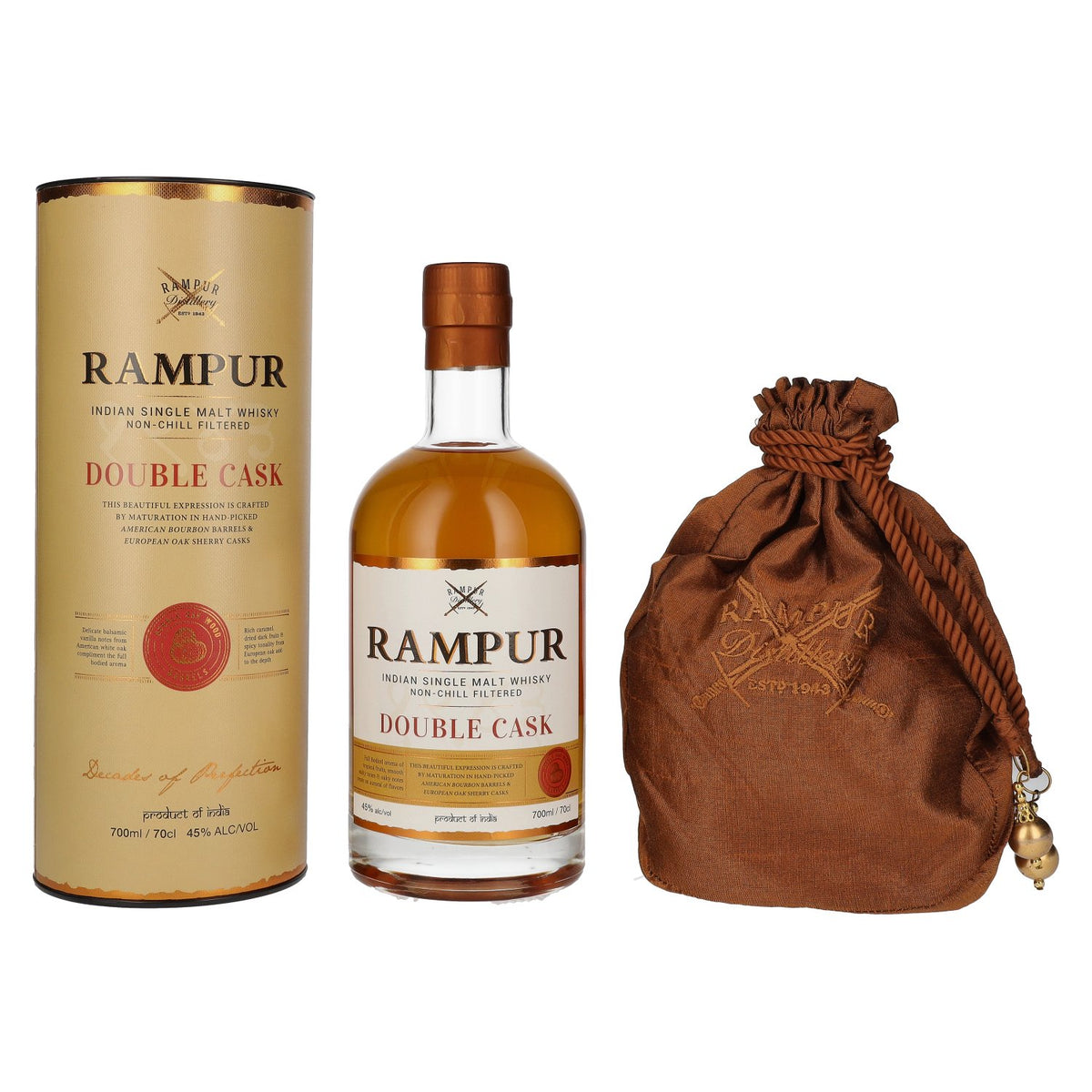 Rampur DOUBLE CASK Indian Single Malt Whisky 45% vol. 0.7 l in a gift box with a pouch