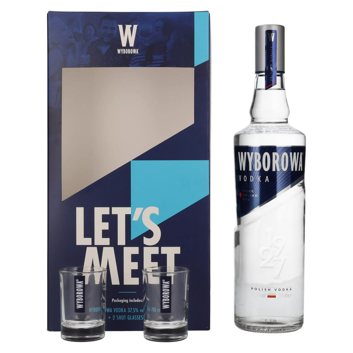 Wyborowa Wódka 37,5% vol. 0,7 l in een geschenkverpakking met 2 shotglaasjes