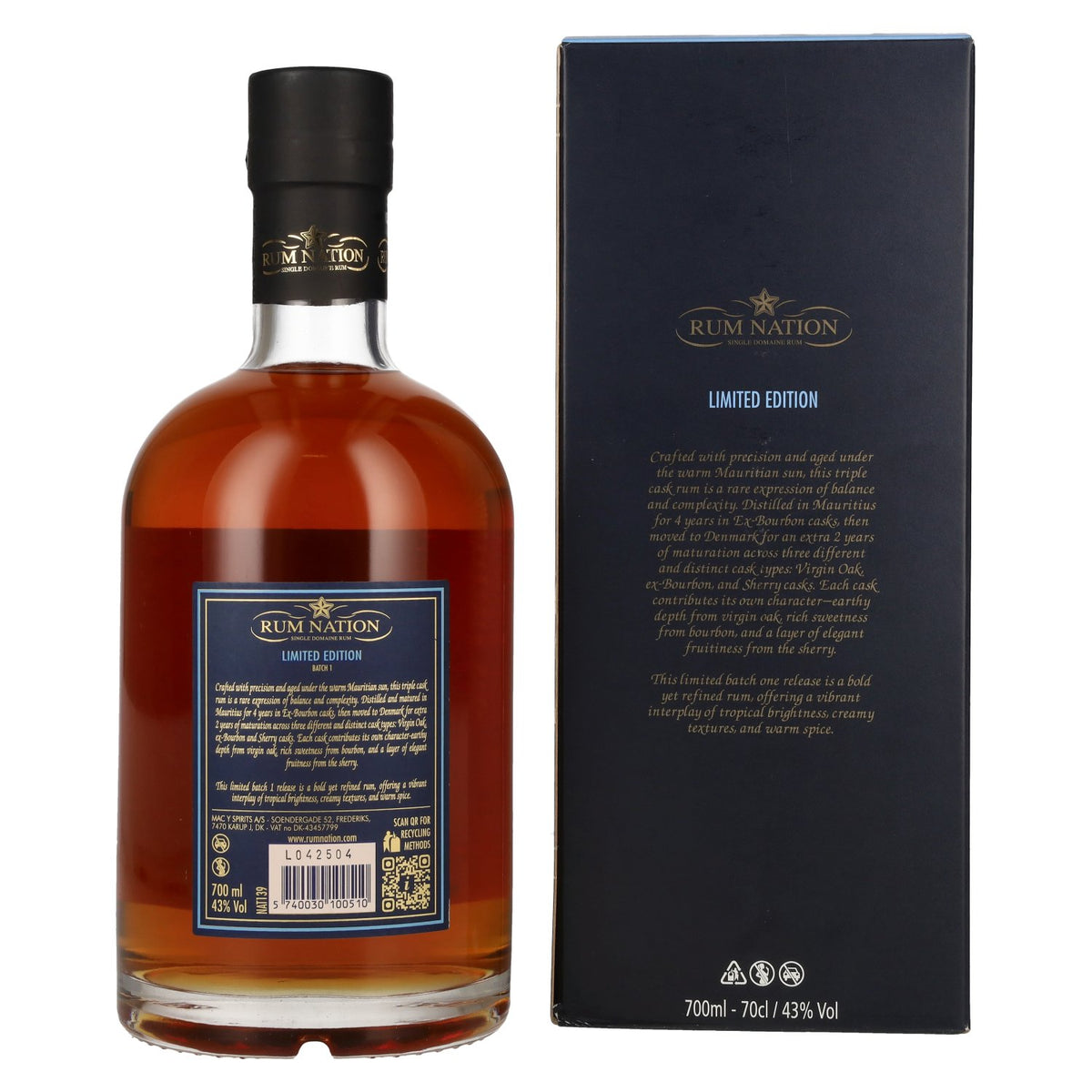 Rum Nation Mauritius 6 Years Old Triple Cask Rum Limited Edition Batch 1 43% vol. 0,7 l in geschenkverpakking