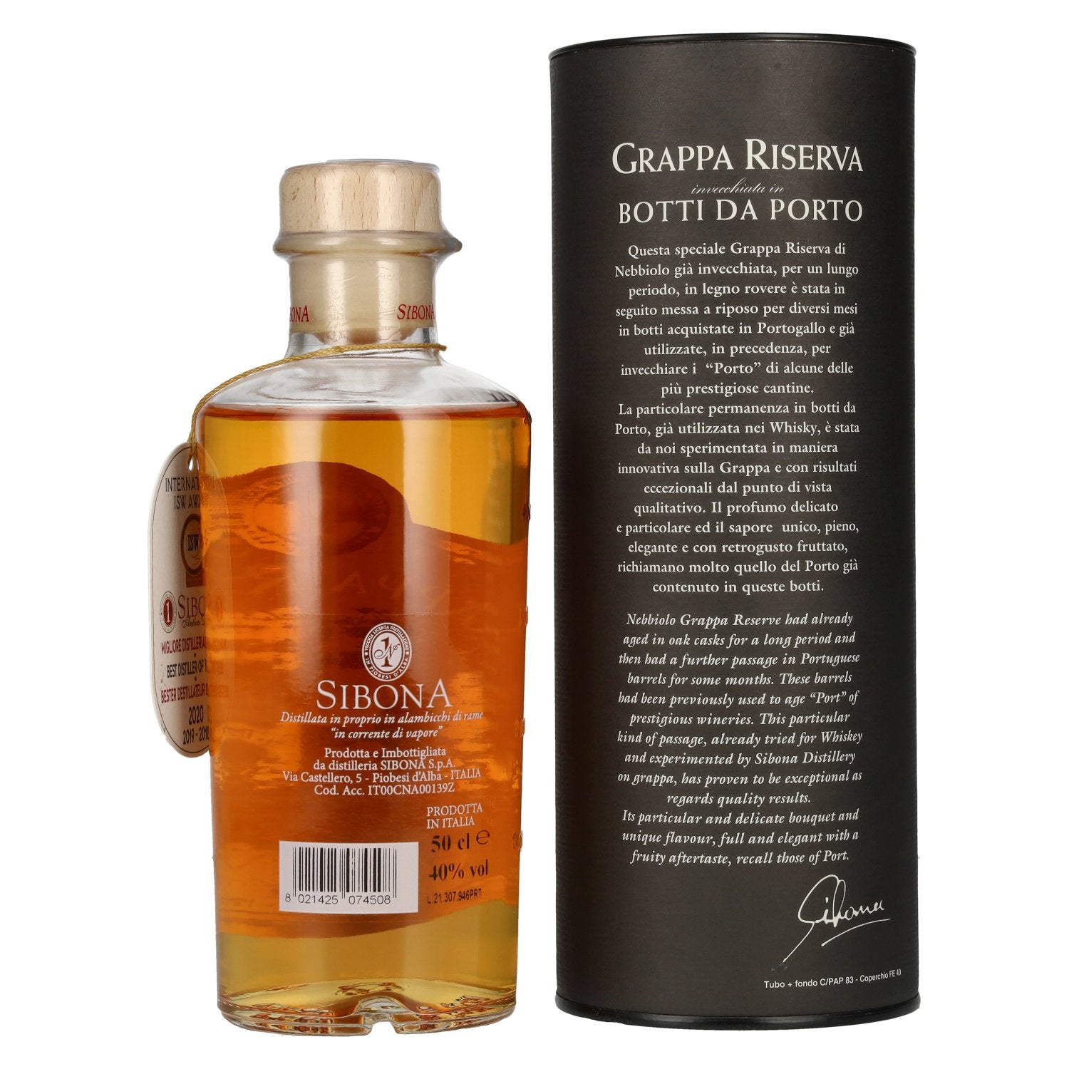 Sibona GRAPPA RISERVA Botti da PORTO 40% Vol. 0.5l in geschenkverpakking
