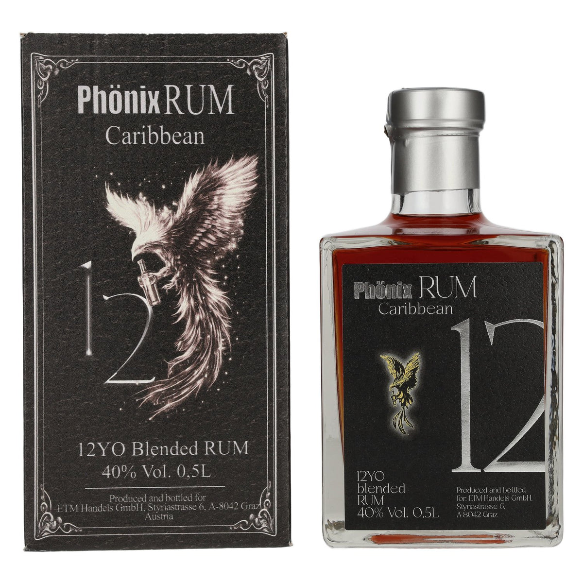 Rhum mélangé des Caraïbes Phönix 12 ans d'âge, édition « Black Design », 40 % vol., 0,5 l, dans un coffret cadeau