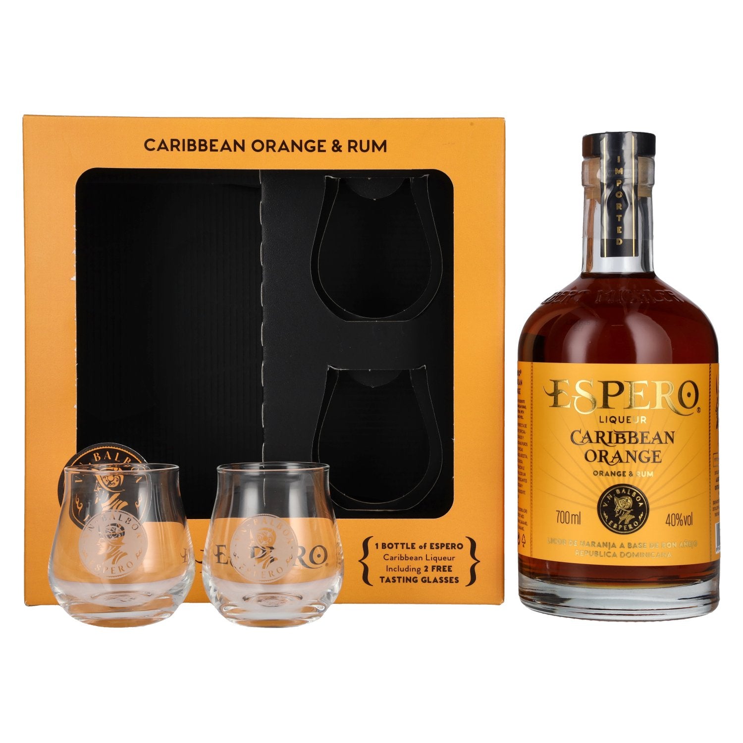 Ron Espero Caribbean Orange Liqueur 40% Vol. 0,7l in Geschenkbox mit 2 Gläser