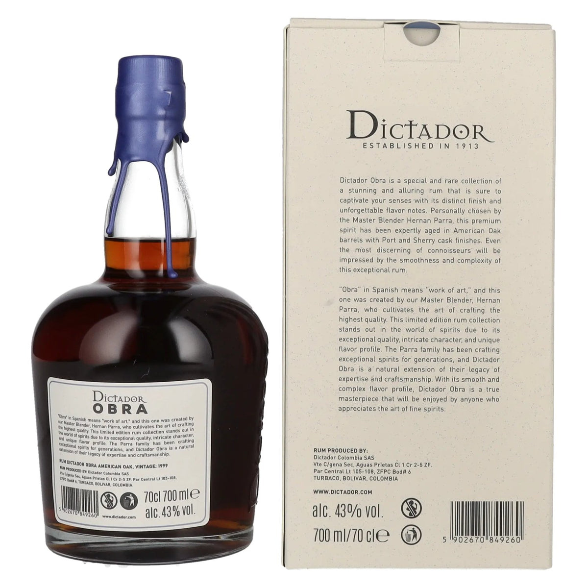 Dictador OBRA VINTAGE 24 Years Old AMERICAN OAK CASK Rum 1999 43% vol. 0,7 l in geschenkverpakking