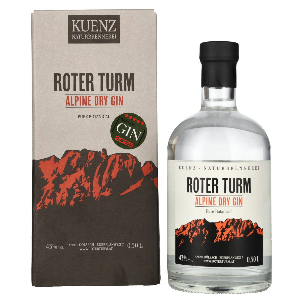 Roter Turm Alpine Dry Gin Pure Botanical 43% Vol. 0,5l in Geschenkbox