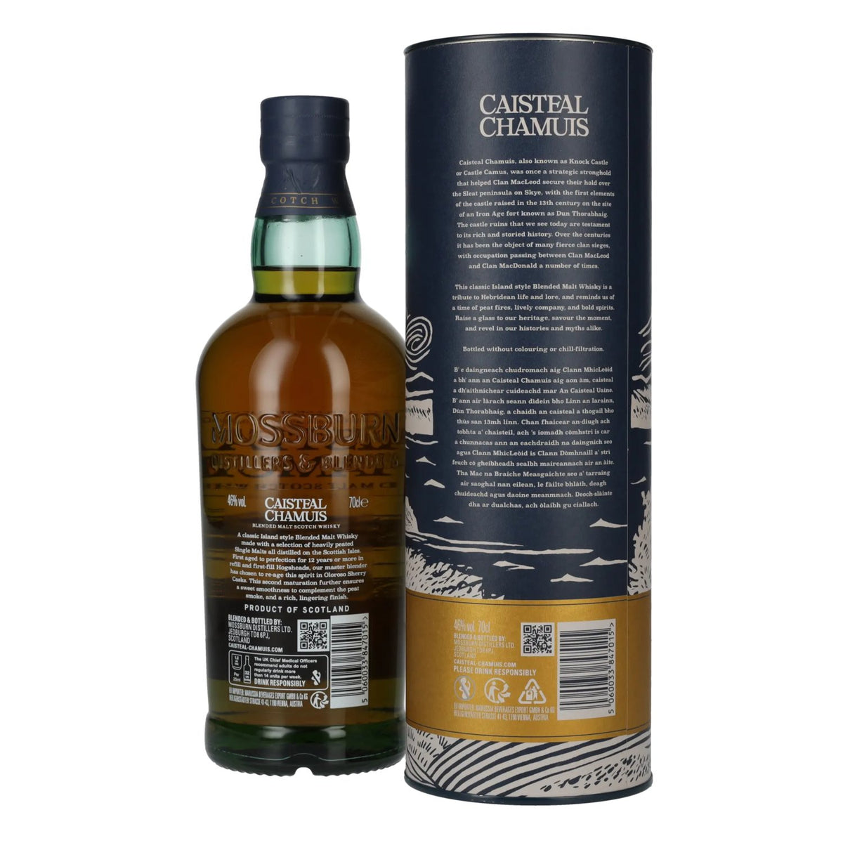 Caisteal Chamuis 12 ans d'âge, vieilli en fûts de sherry, très tourbé, blended malt, 46 % vol., 0,7 l, dans un coffret cadeau