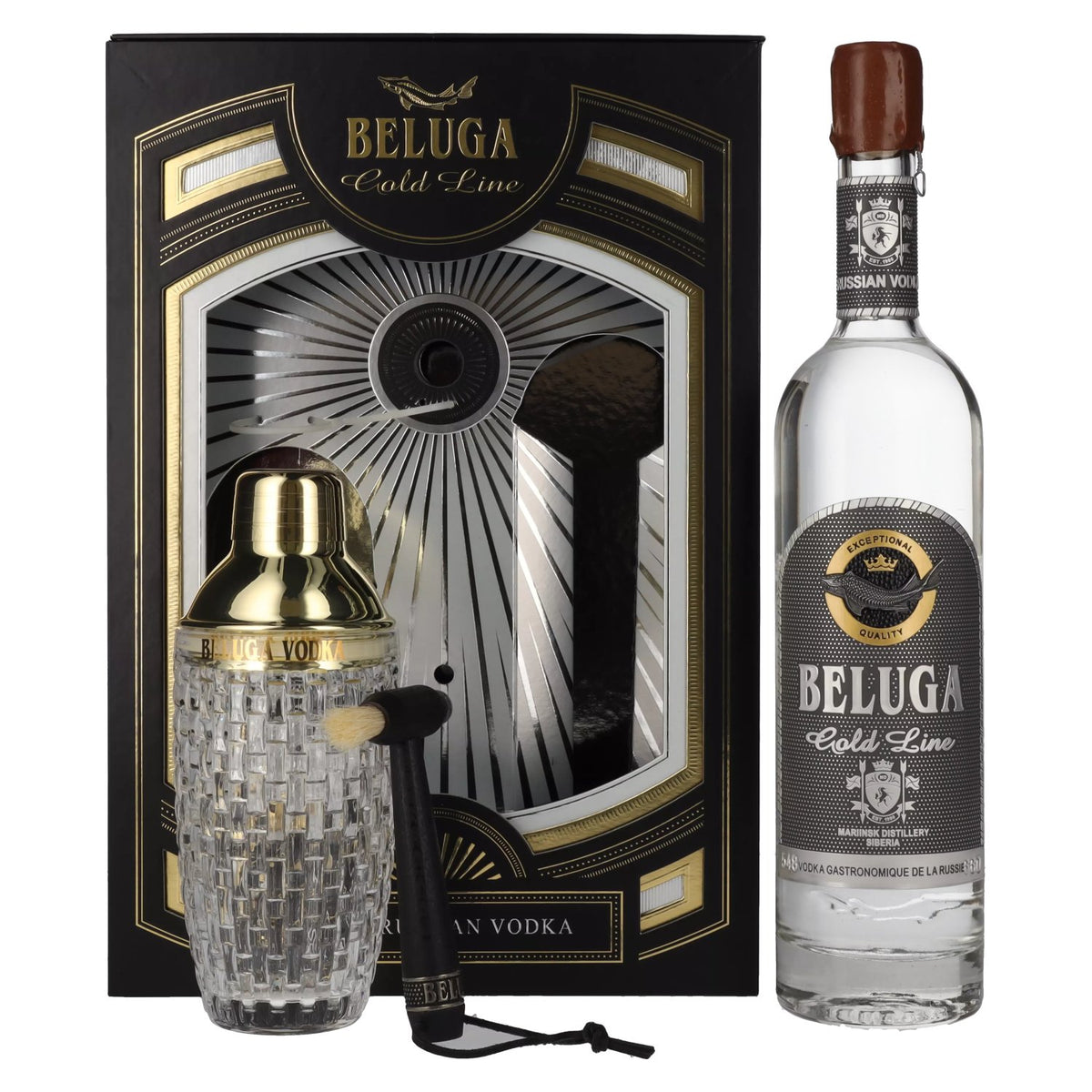 Beluga Gold Line Noble Russian Vodka 40% vol. 0,7 l in geschenkverpakking met borsteltje en shaker