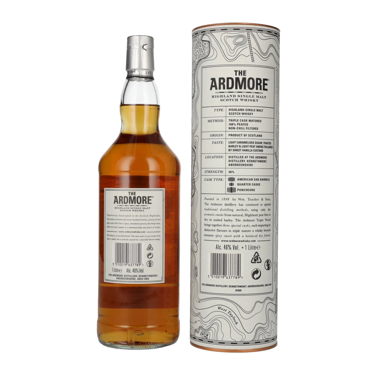 The Ardmore TRIPLE WOOD Peated Highland Single Malt 46% ABV 1l in a gift box