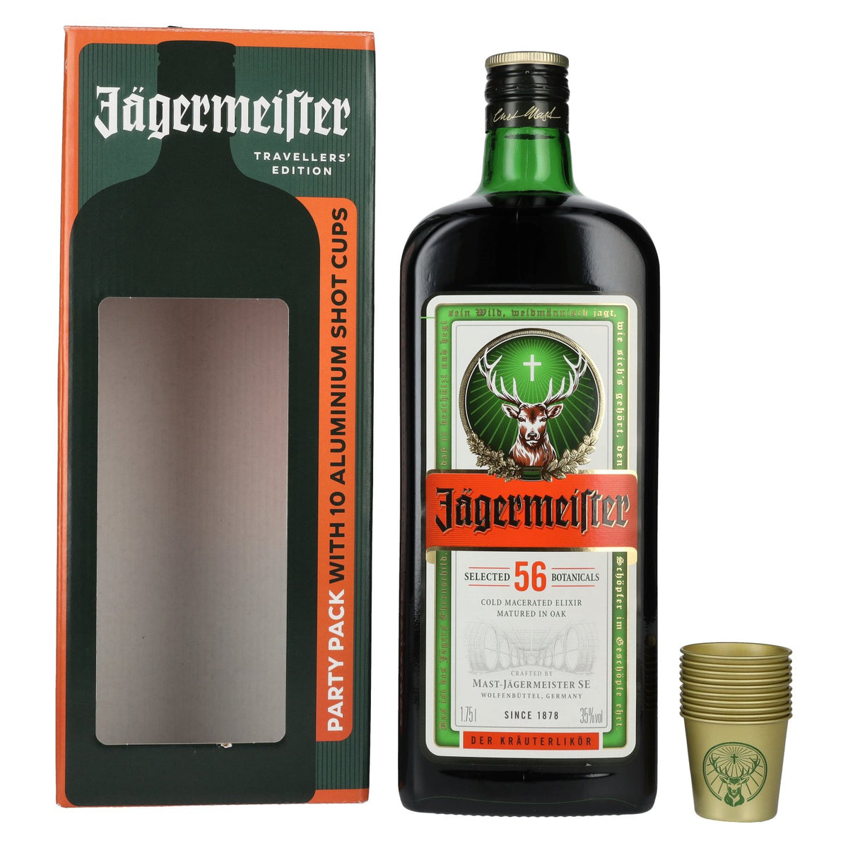 Jägermeister TRAVELLERS' EXCLUSIVE 35% vol. 1,75 l in geschenkverpakking met 10 metalen shotglaasjes