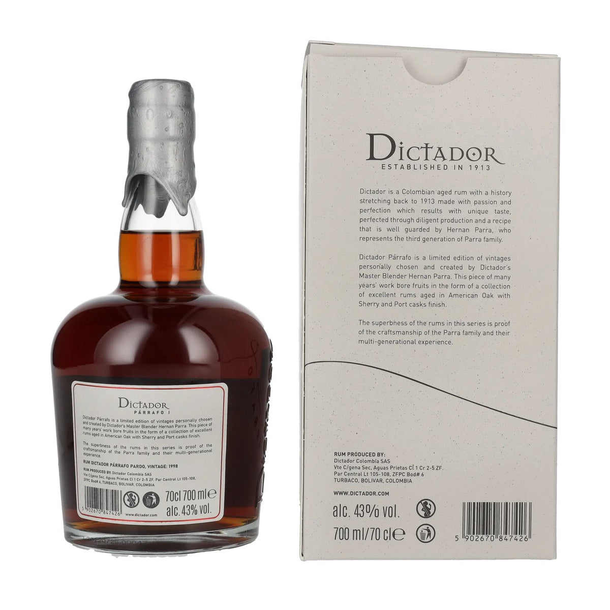 Dictador PÁRRAFO I 24 ans d'âge PARDO Millésime 1998 43 % vol. 0,7 l dans un coffret cadeau