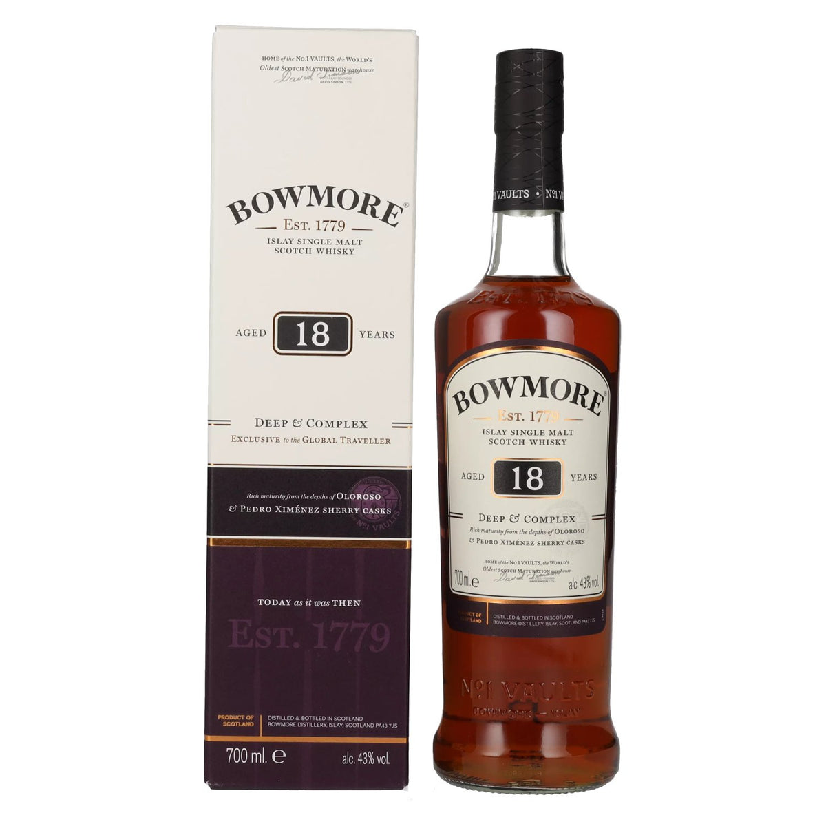 Bowmore 18 ans d'âge DEEP &amp; COMPLEX, édition exclusive pour les voyageurs, 43 % vol., 0,7 l, dans un coffret cadeau