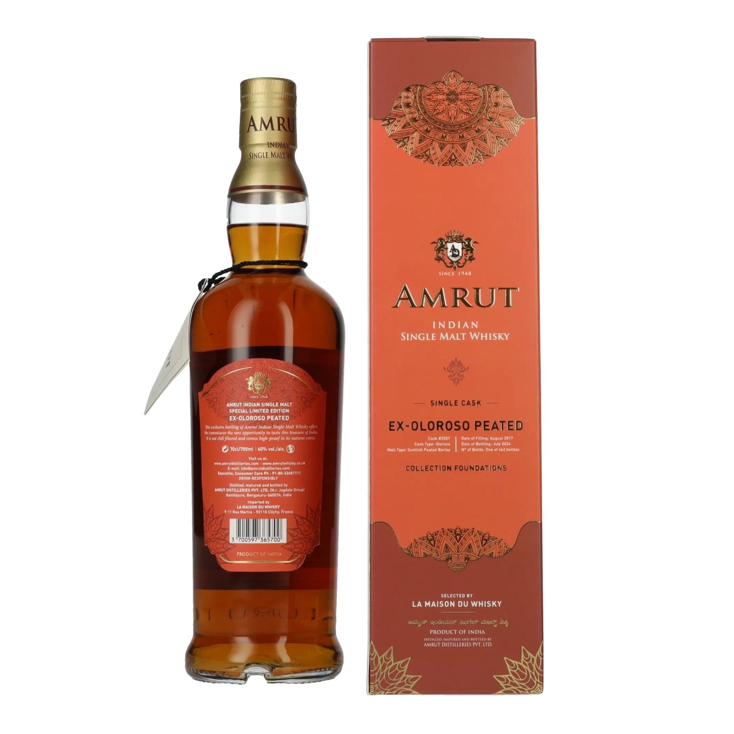 Amrut Ex-Oloroso Peated Indian Single Malt Whisky Collection Foundations 60% Vol. 0,7l en coffret cadeau