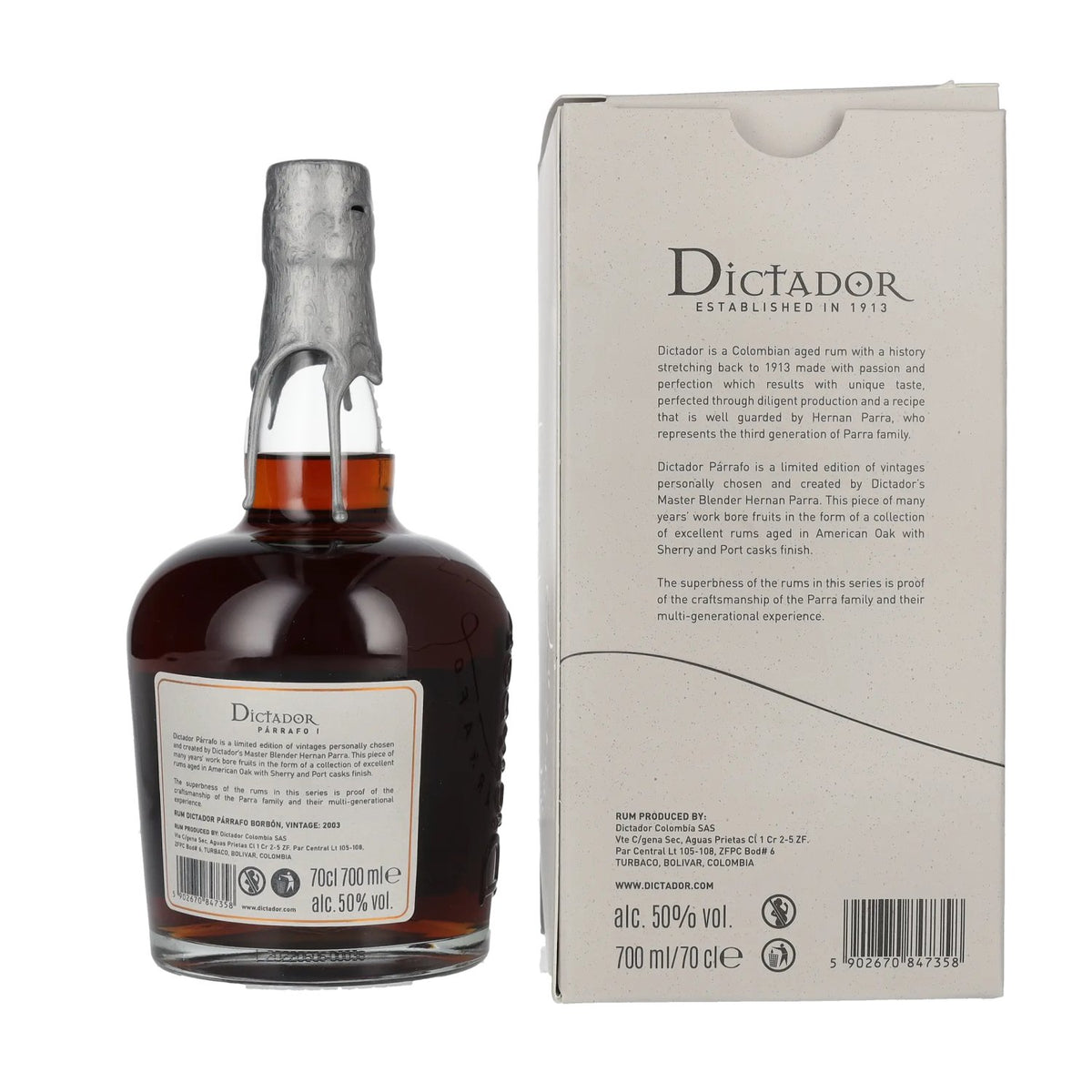 Dictador PÁRRAFO I 19 ans d'âge BORBÓN Millésime 2003 50 % vol. 0,7 l dans un coffret cadeau