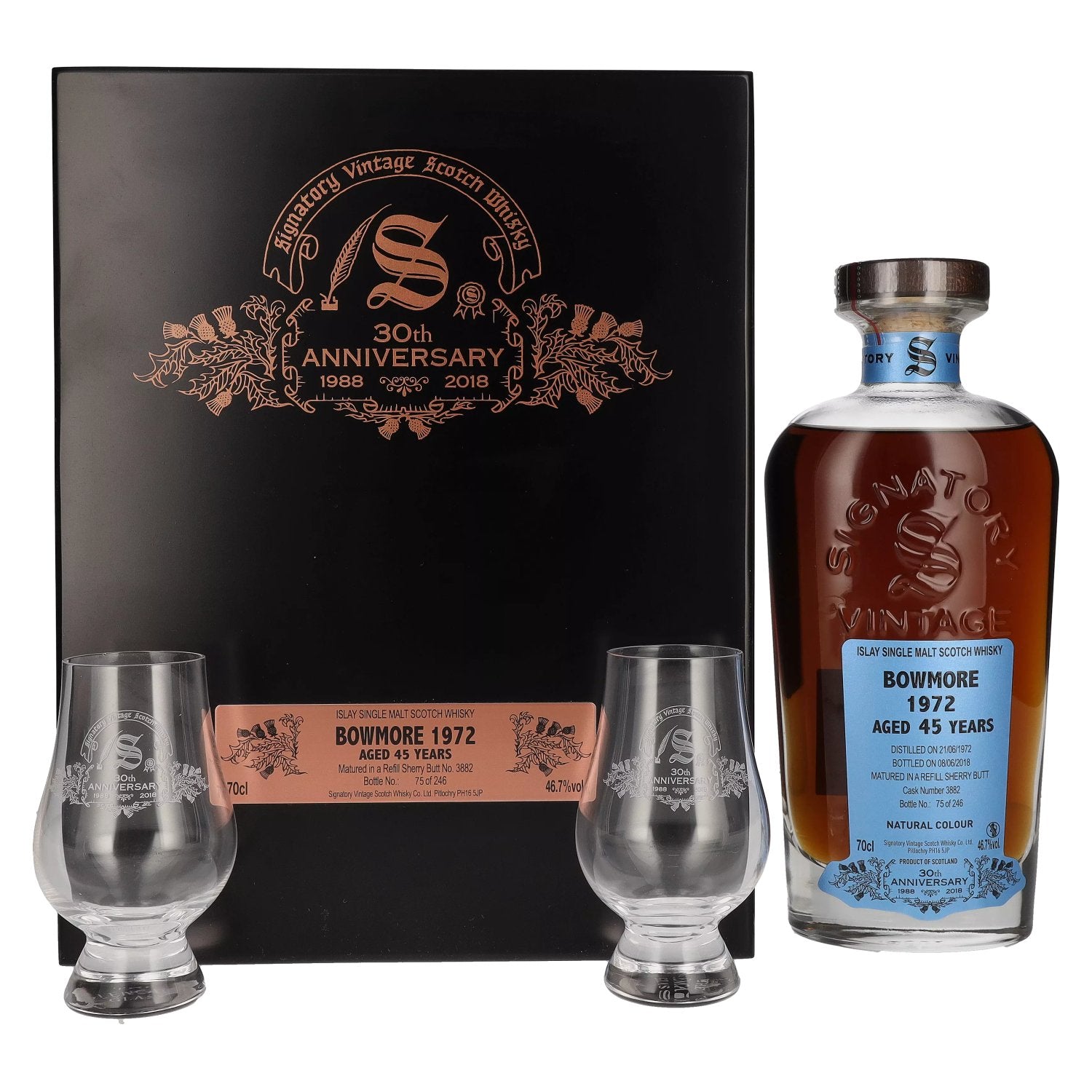 Signatory Vintage Bowmore 45 Years Old 30th ANNIVERSARY 1972 46,7% Vol. 0,7l in houten doos met 2 glazen