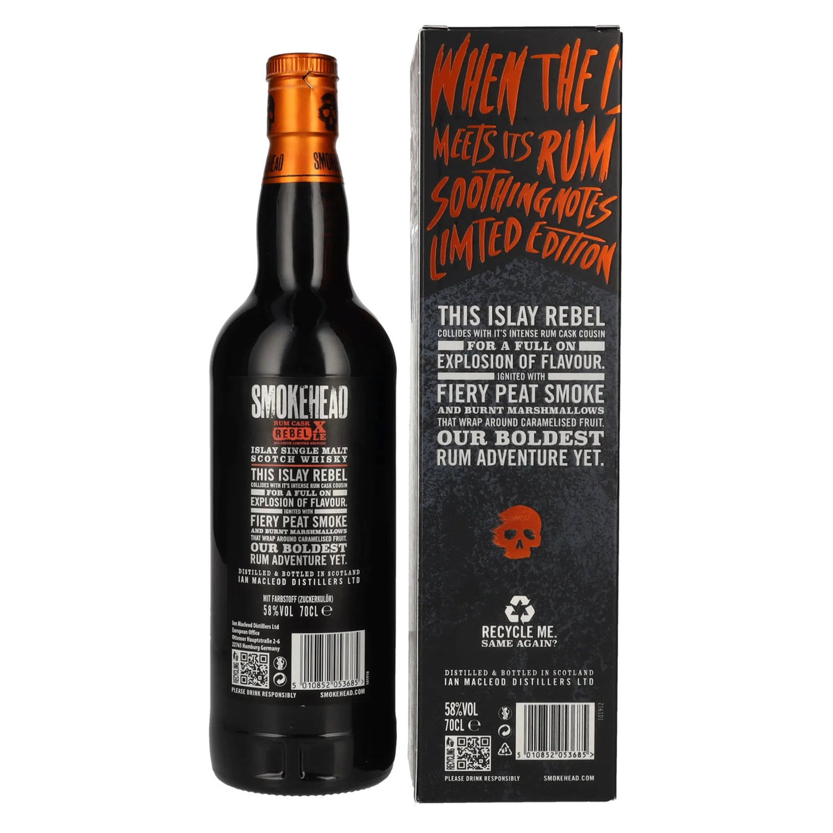 Smokehead RUM REBEL Rum Cask XLE Islay Single Malt Xclusive Édition limitée 58 % vol. 0,7 l dans un coffret cadeau