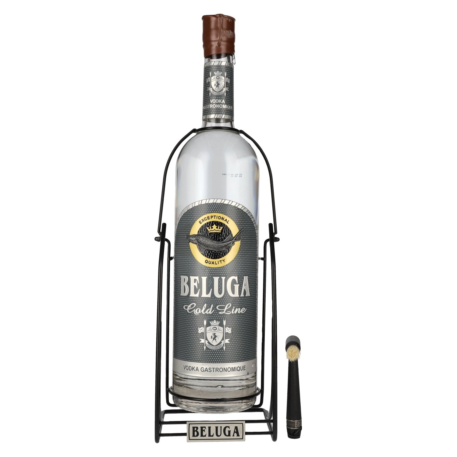 Vodka Beluga Gold Line Montenegro 40 % vol., 3 l, dans un coffret cadeau avec support pivotant et pinceau