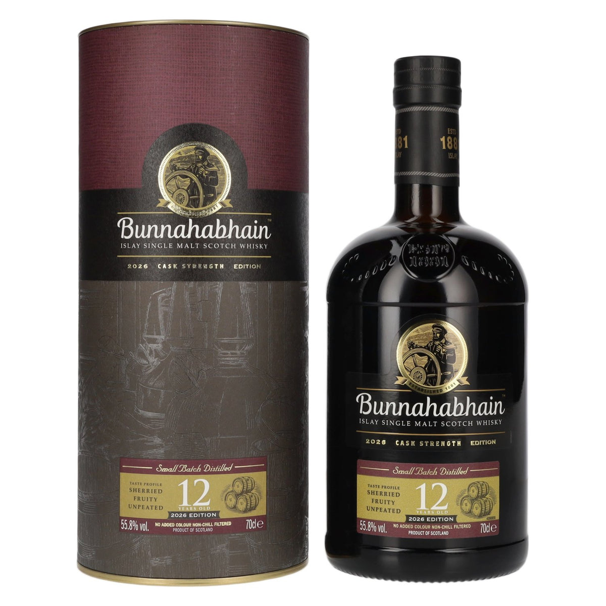 Bunnahabhain 12 ans d'âge, single malt d'Islay, édition « Cask Strength » 2026, 55,8 % vol., 0,7 l, dans un coffret cadeau