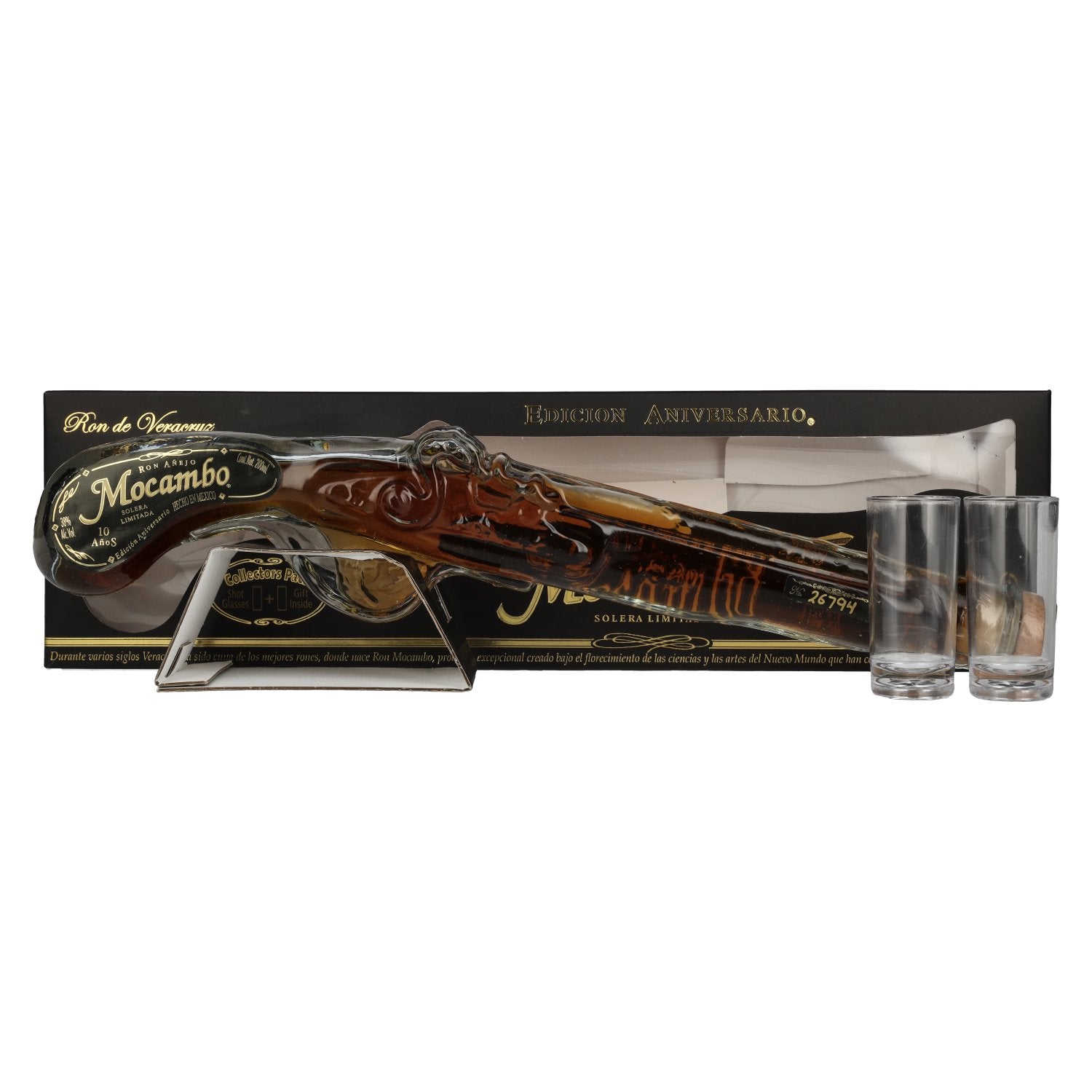 Mocambo Ron Añejo 10 Years Solera Limitada Edición Anniversario Buccaneer Pistol 40% vol. 0,2l en boîte cadeau avec 2 verres à shot