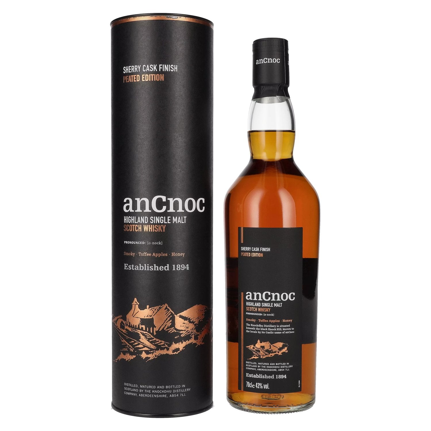 AnCnoc Highland Single Malt Scotch Whisky Sherry Cask Finish Peated Edition 43% Vol. 0,7l in geschenkverpakking