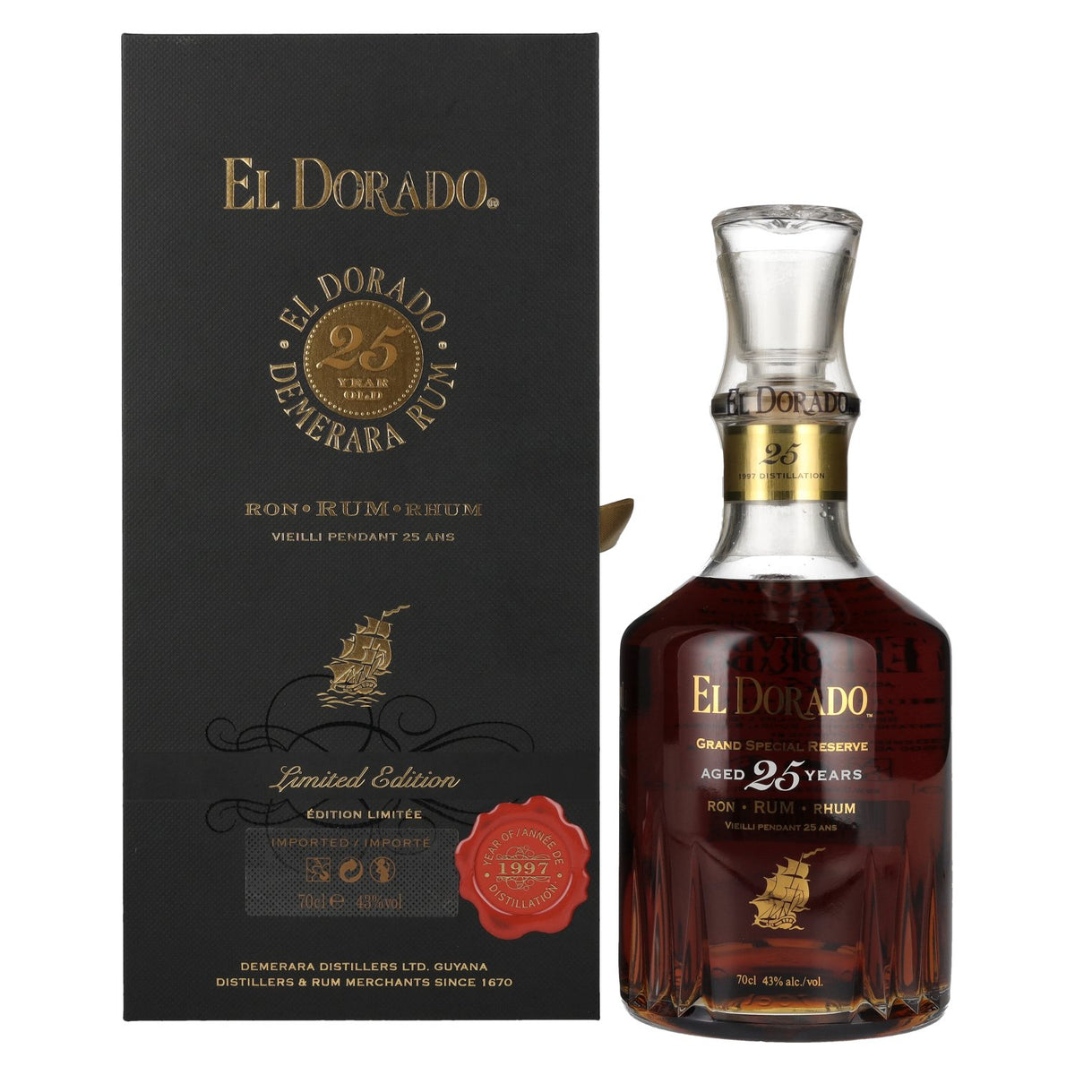 Rhum El Dorado 25 ans d'âge GRAND SPECIAL RESERVE 1997, 43 % vol., 0,7 l, dans un coffret cadeau
