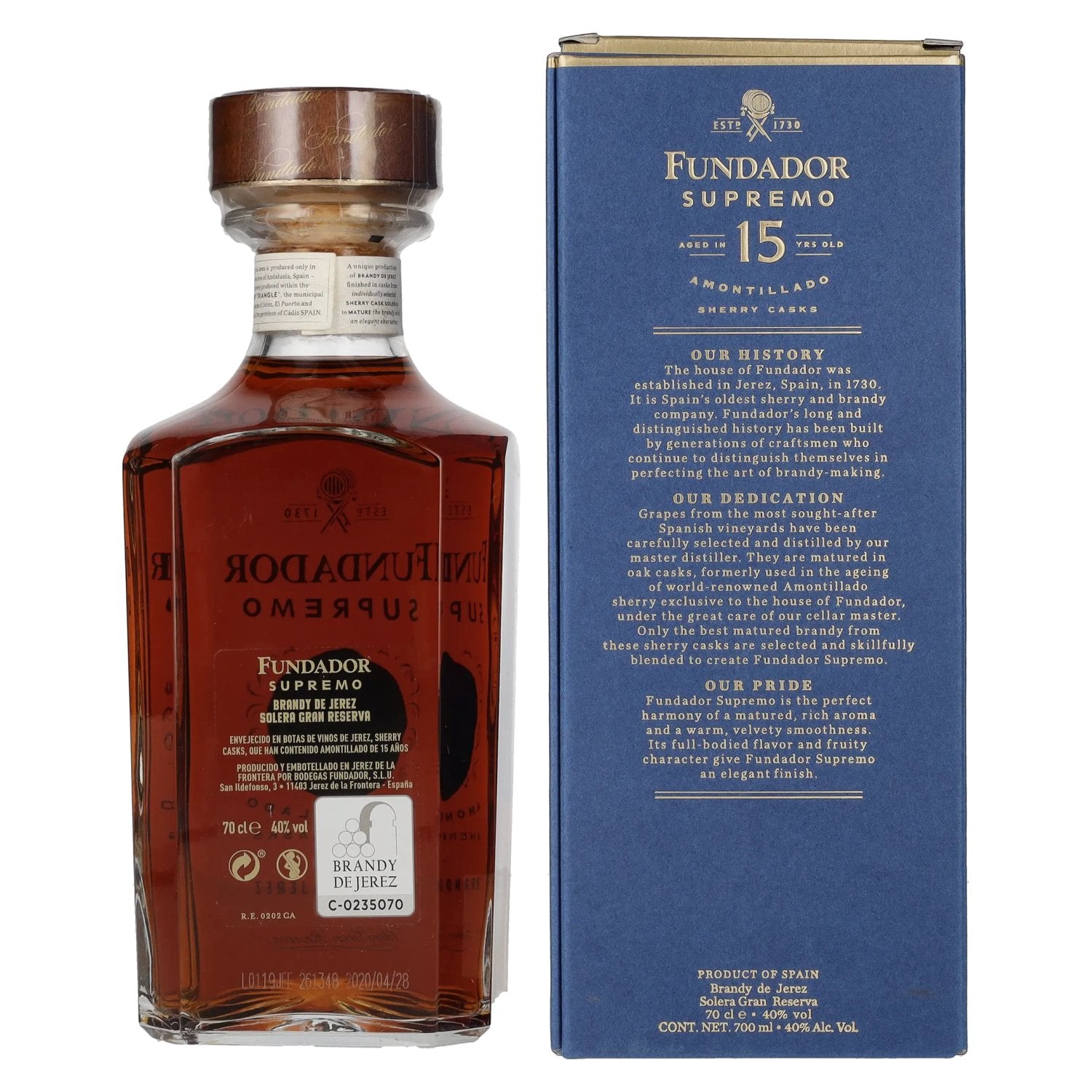 Fundador Supremo 15 Years Old Sherry Casks Brandy de Jerez 40% Vol. 0,7l en boîte cadeau