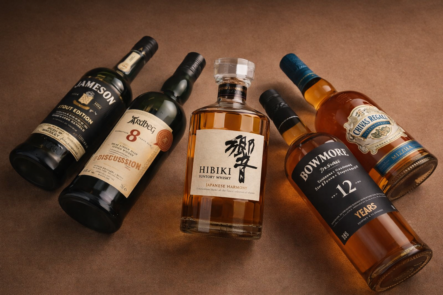 Fünf verschiedene Whiskyflaschen liegen diagonal auf einem warmen, braunen Hintergrund