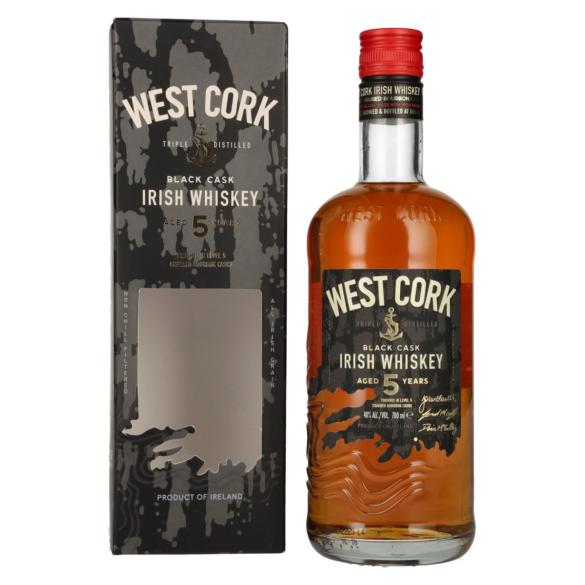 West Cork Irish Whiskey 5 Years Old BLACK CASK Finish 40 % vol. 0,7 l dans un coffret cadeau