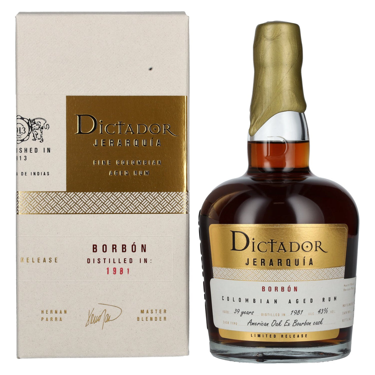 Rhum Dictador JERARQUÍA 39 ans d'âge BORBÓN 1981, 43 % vol., 0,7 l, dans un coffret cadeau