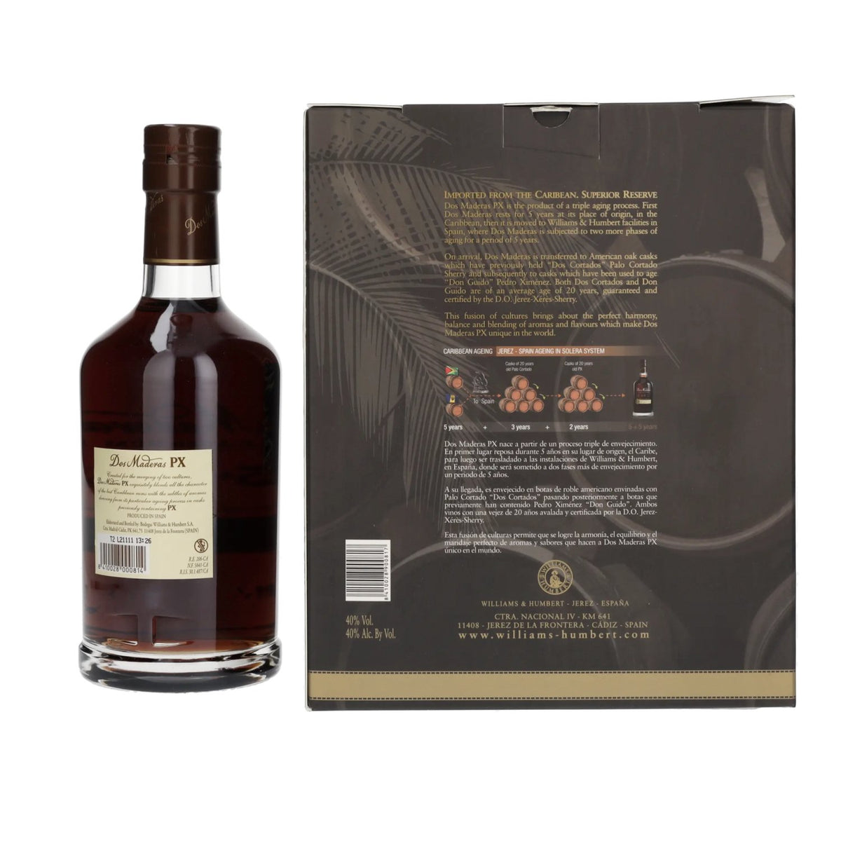 Dos Maderas PX 5+5 ans, spiritueux triple vieillissement, 40 % vol., 0,7 l, dans un coffret cadeau avec 2 verres