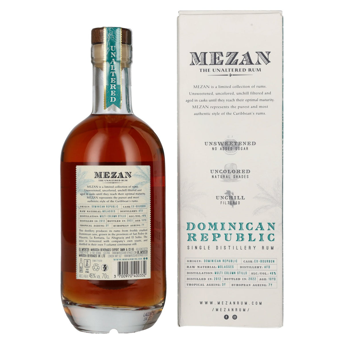 Mezan The Unaltered Rum Dominicaanse Republiek 2012 46% vol. 0,7 l in geschenkverpakking