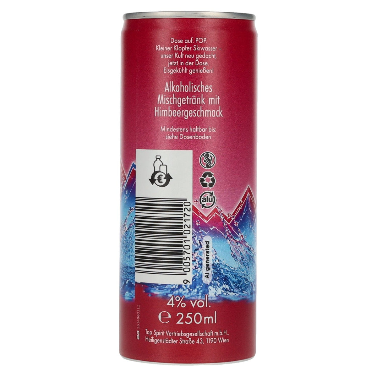 Kleiner Klopfer, vodka POP Skiwasser à la framboise 4 % vol., 12 canettes de 0,25 l, consigne