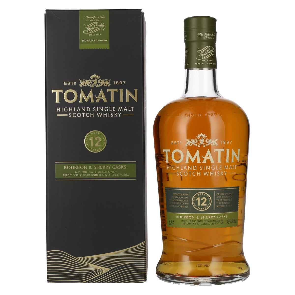 Tomatin 12 Years Old BOURBON &amp; SHERRY CASKS 43% vol. 1 litre in a gift box